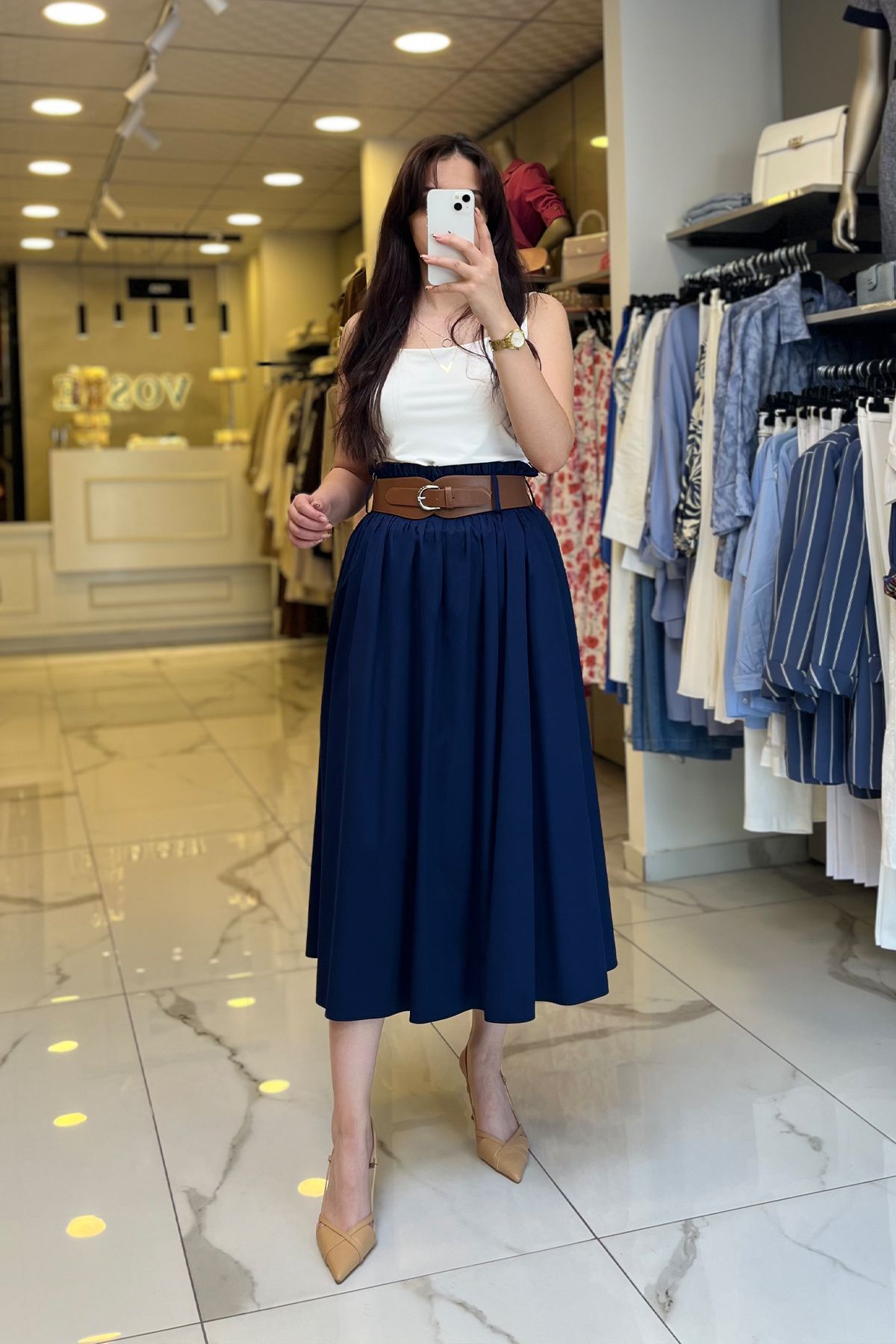Vosse Ekol Lacivert Beli Lastikli Kemerli Midi Boy Etek