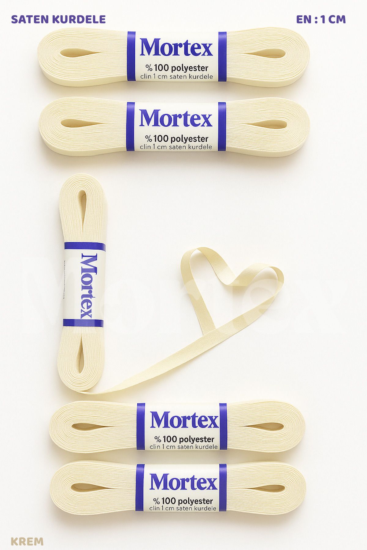 Mortex Krem Saten Kurdele 1cm 10mt - Bohça, Nikah, Nişan, Çeyiz, Hediye, Süsleme İçin Kurdele