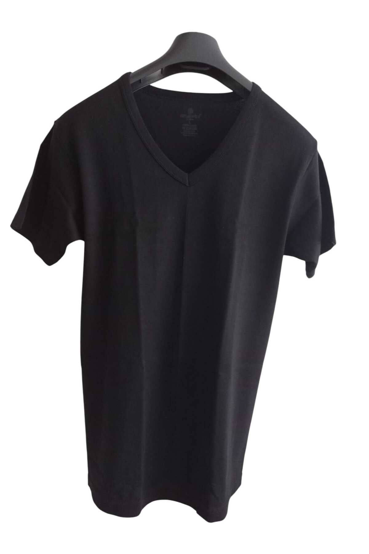 balkonda Tişört V yaka 2'li avantajlı paket pamuklu cotton siyah slim fit ekstra esnek unisex VTC1-2