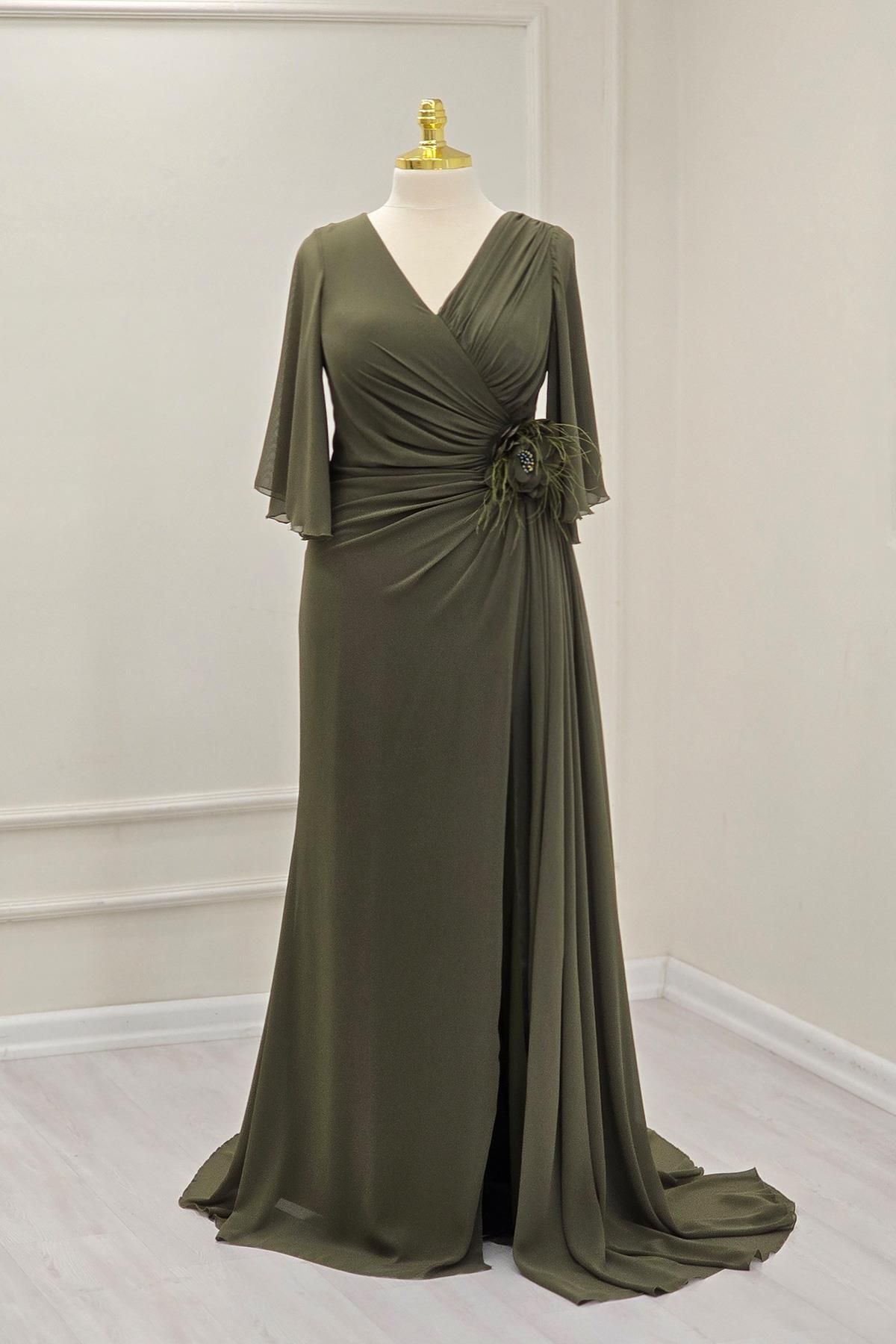 Yonca Moda Evi Haki Çiçekli Şifon Elbise 8061