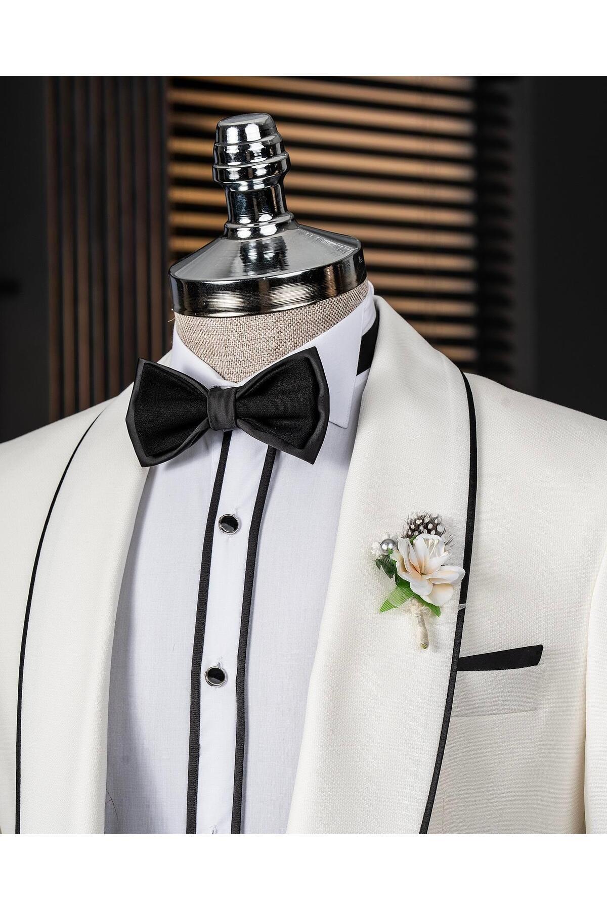 TerziAdemAltun-Italian Style Shawl Collar Jacket Vest Pants Groom Suit Set Ecru T14267 2