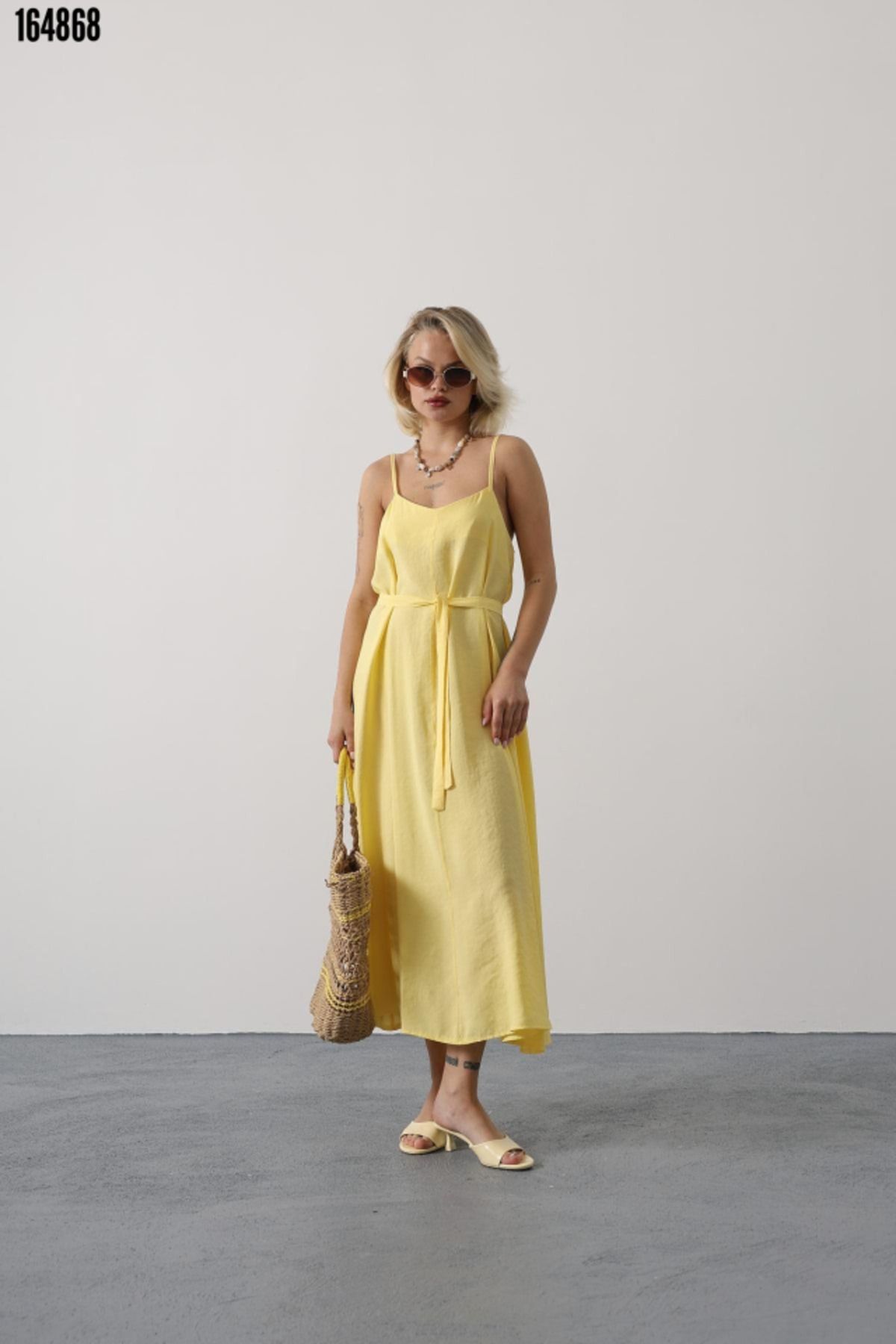 Kokosh moda Kadın Askılı Basic Uzun Yazlık Sarı ELbise