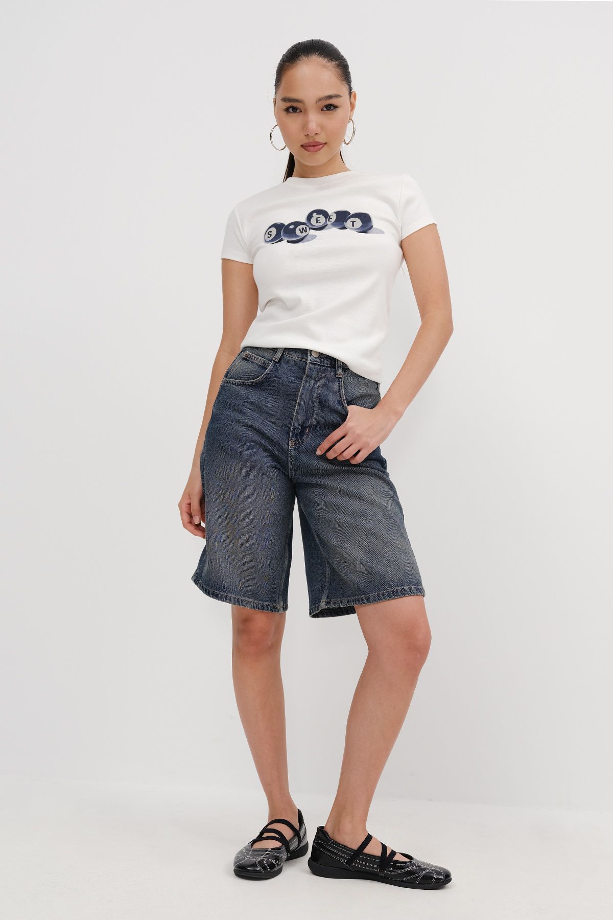 Addax-Pantaloni scurți din denim Bermuda cu detaliu curea Ş476-PNİ 1