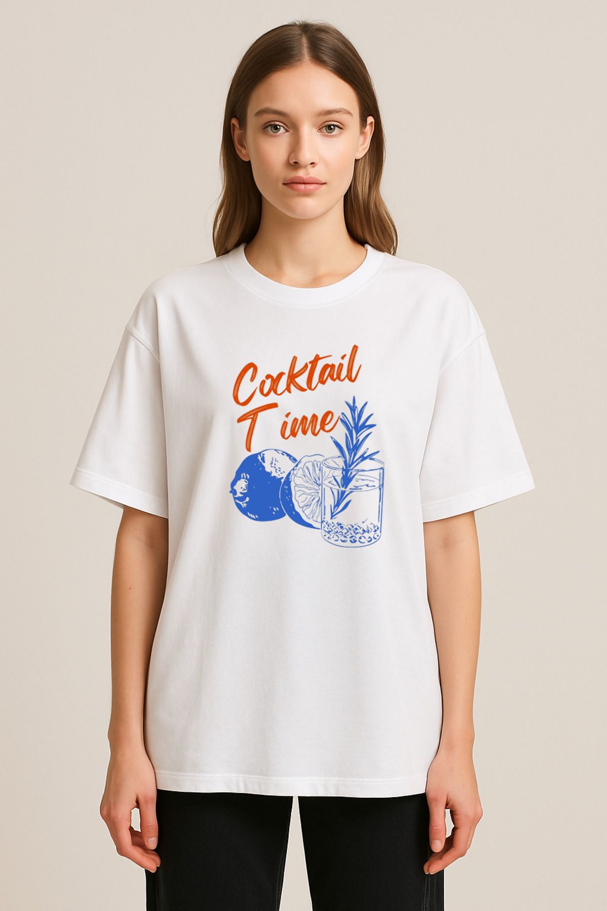 sielta Kokteyl Coctail Baskılı Bisiklet Yaka Oversize Beyaz Tişört T-shirt