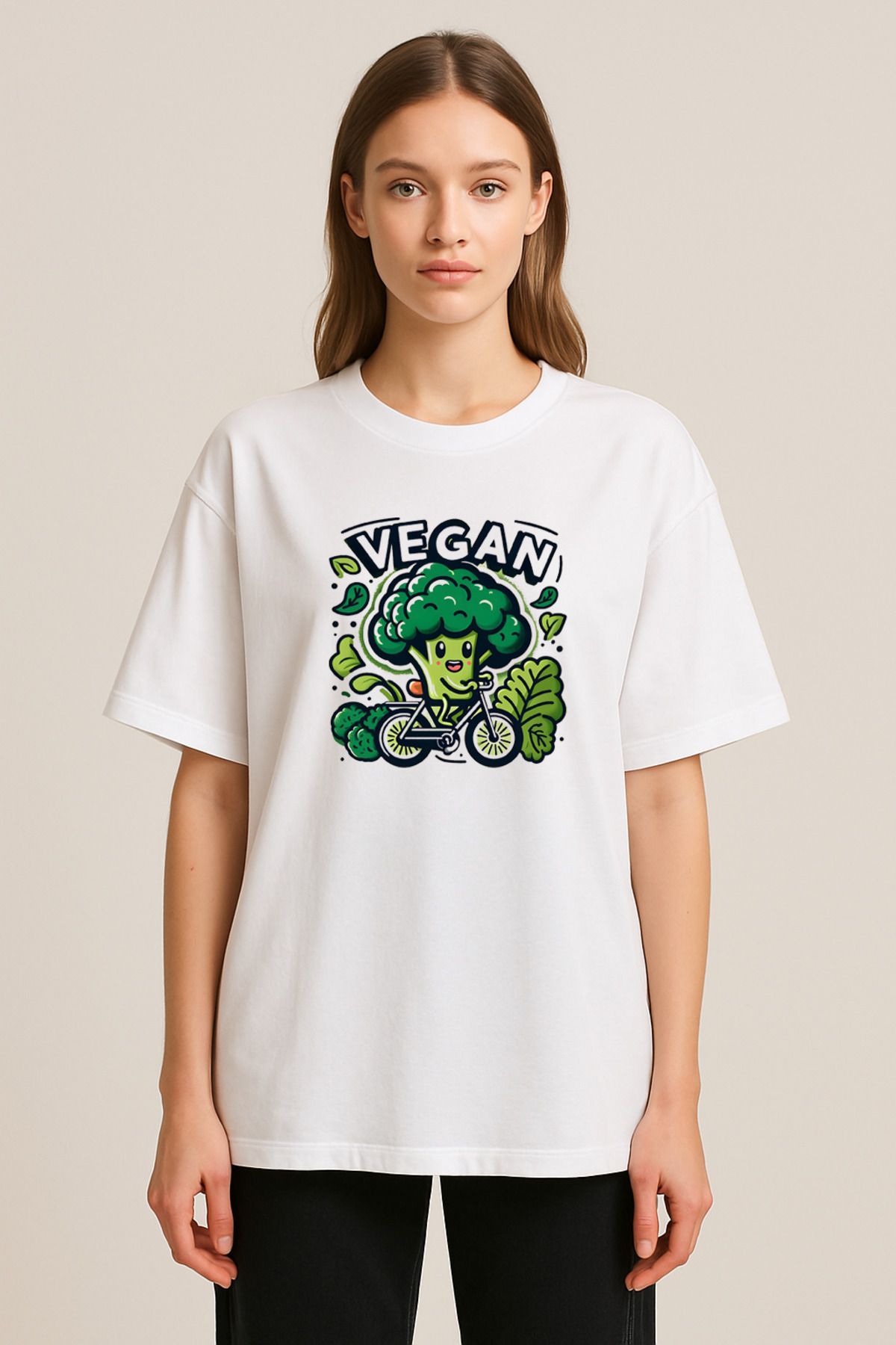 sielta Vegan Brokoli Baskılı Bisiklet Yaka Oversize Beyaz Tişört T-shirt