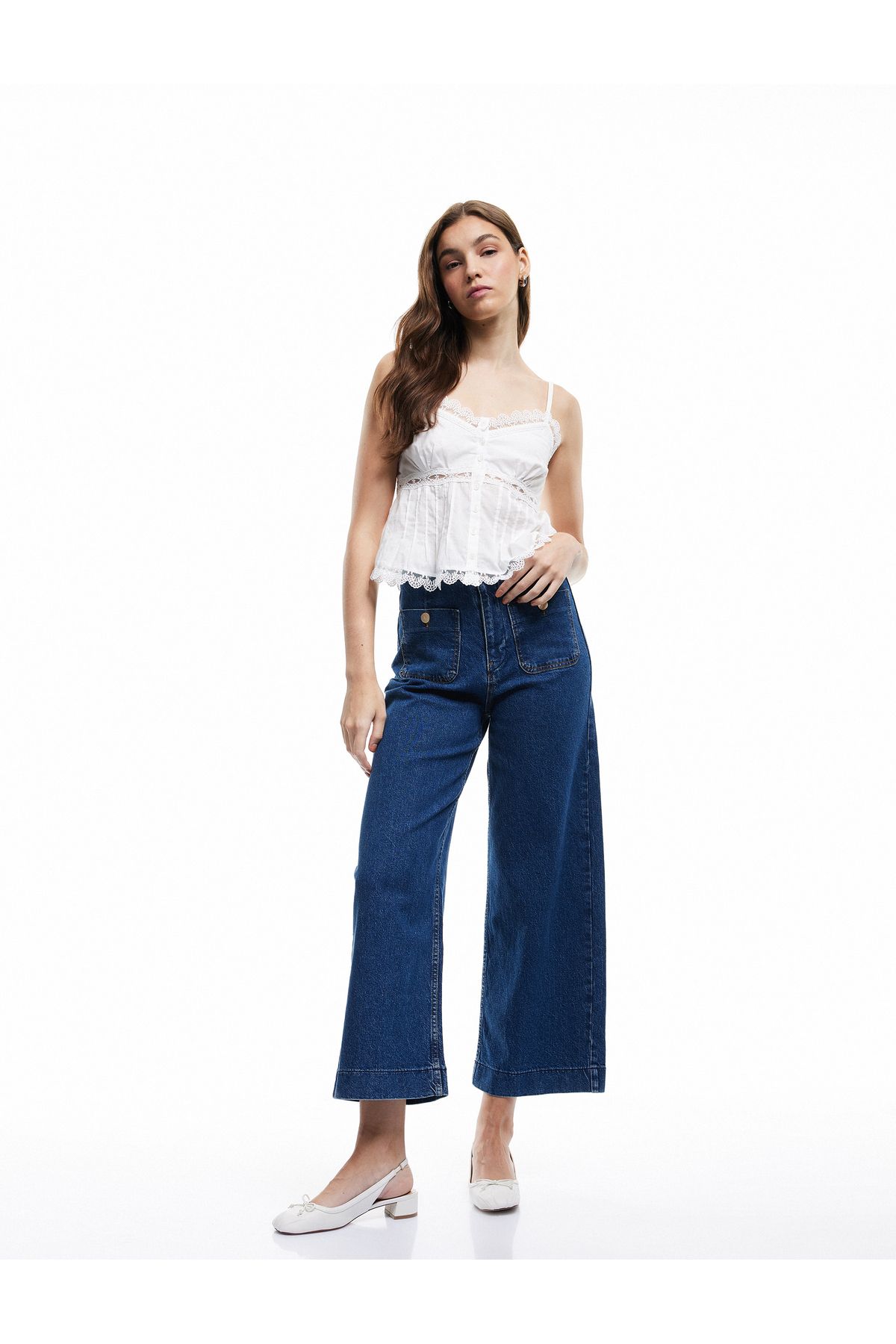 Koton Yüksek Bel Cepli Düğmeli Rahat Kalıp Jean Pantolon - Culotte Jeans