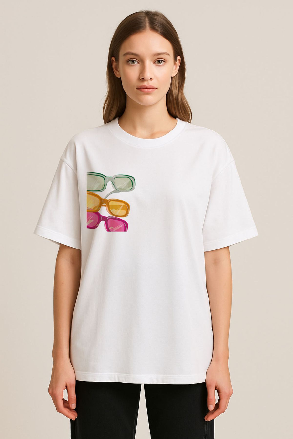 sielta Renkli Gözlük Baskılı Bisiklet Yaka Oversize Beyaz Tişört T-shirt