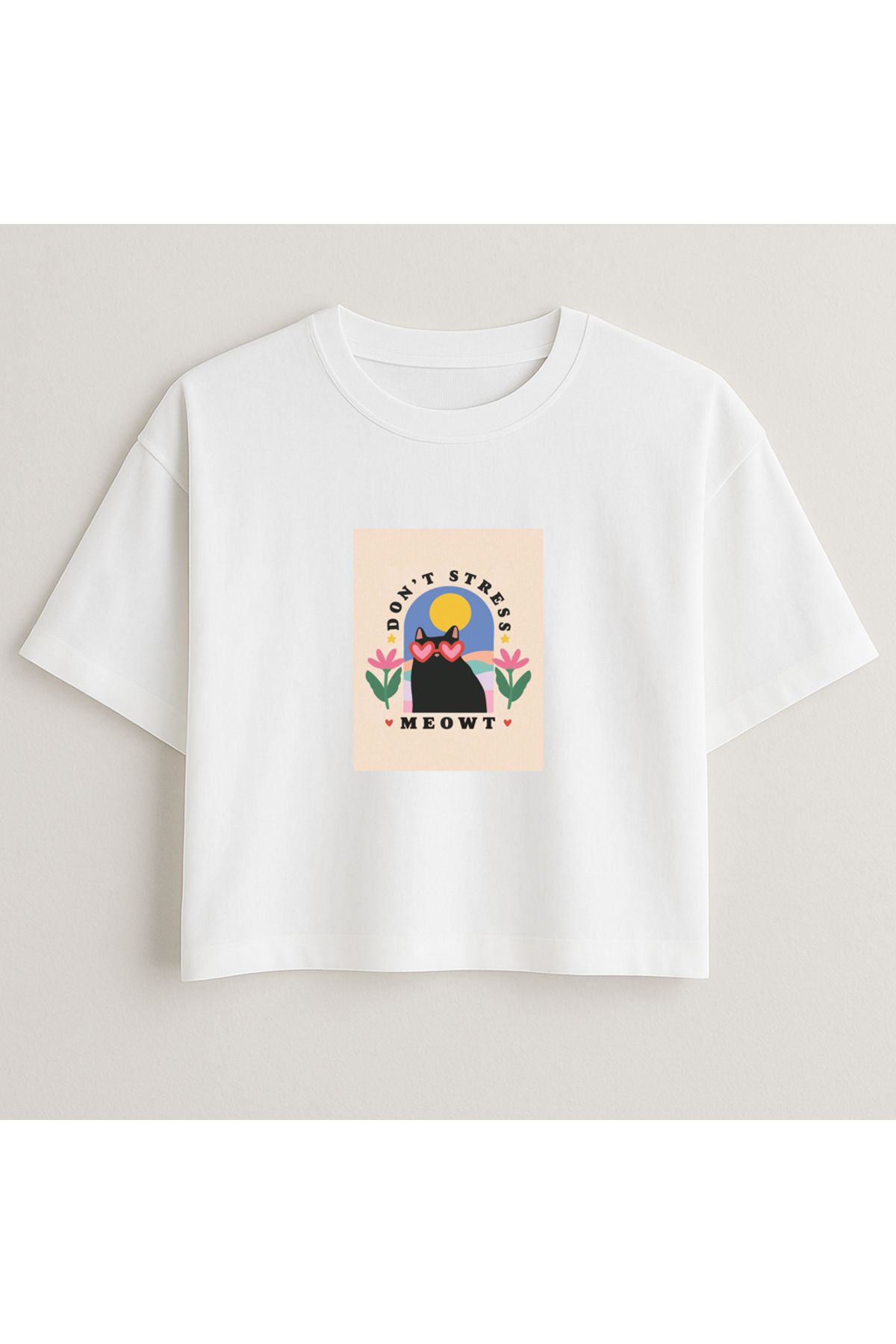 Minou Wear Don't Stress Baskılı Özel Tasarım Kadın Beyaz Oversize Crop Tshirt