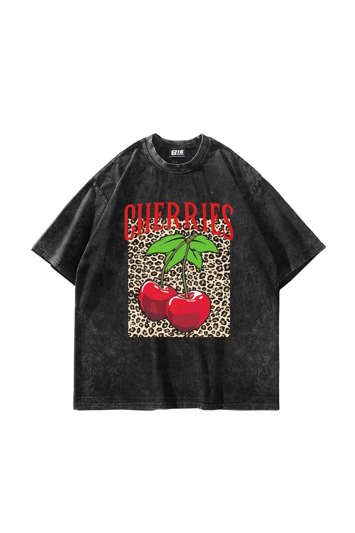 Sekizbiraltı Cherries Leopard Baskılı Oversize Unisex Yıkamalı Siyah Tshirt