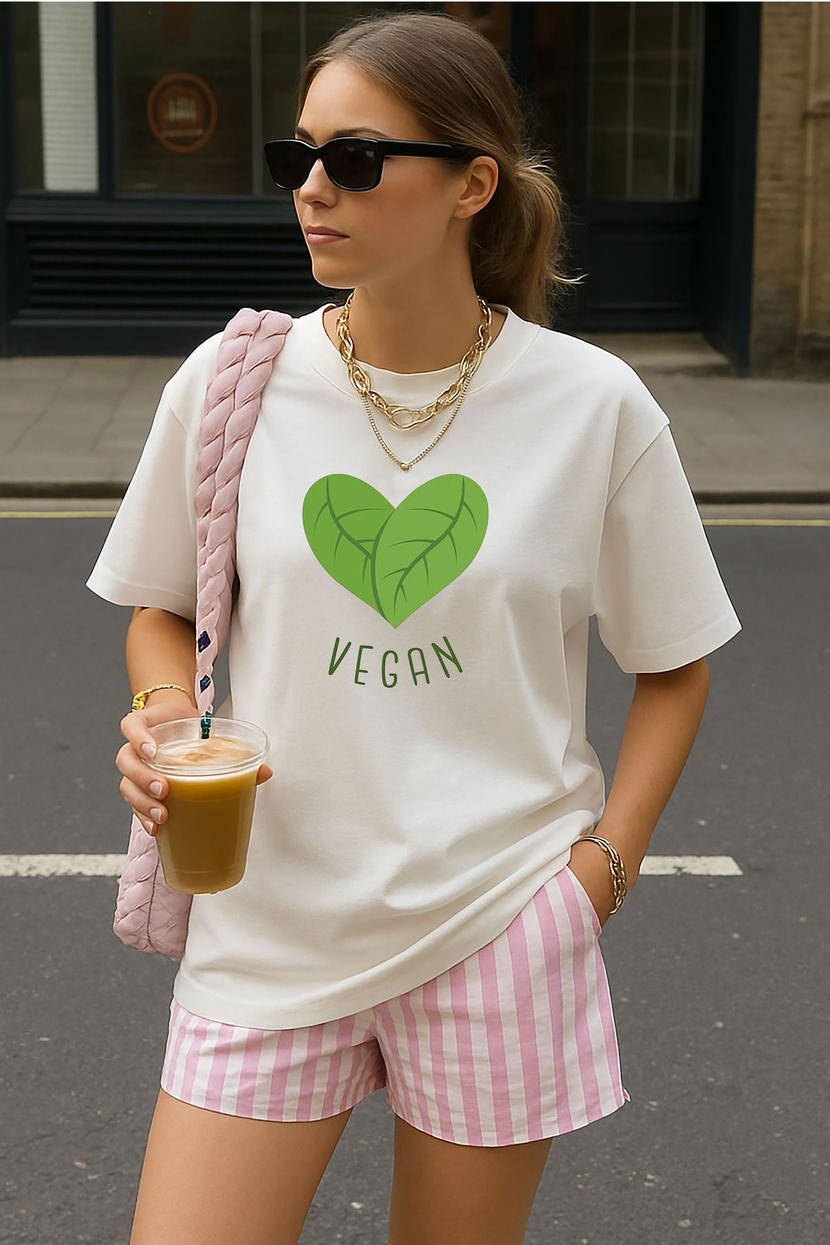 sielta Vegan Baskılı Bisiklet Yaka Oversize Beyaz Tişört T-shirt