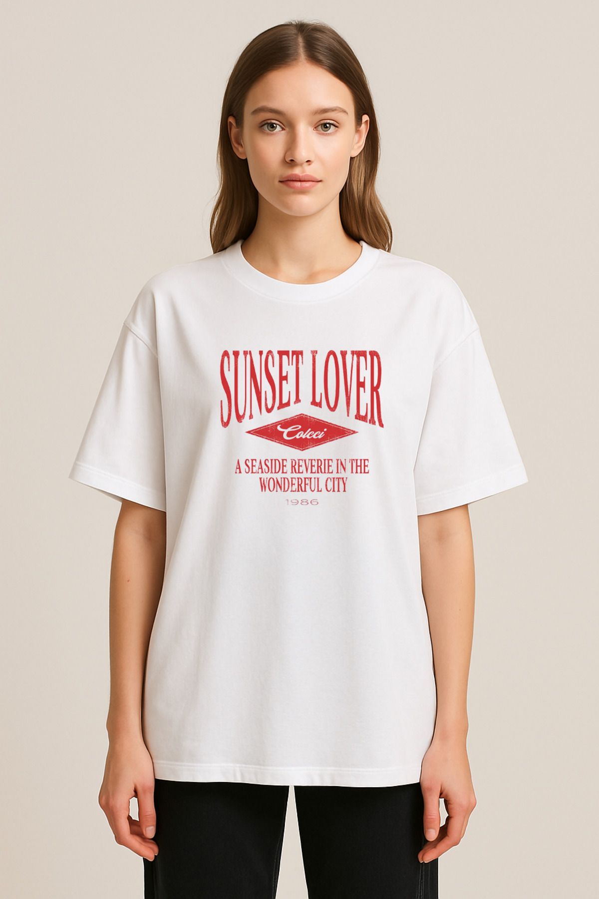 sielta Sunset Lover Baskılı Bisiklet Yaka Oversize Beyaz Tişört T-shirt