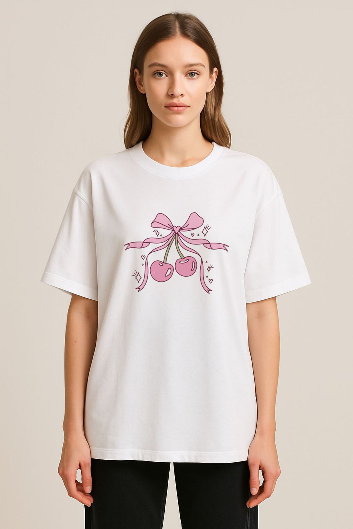 sielta Pembe Kiraz Cherry Baskılı Bisiklet Yaka Oversize Beyaz Tişört T-shirt