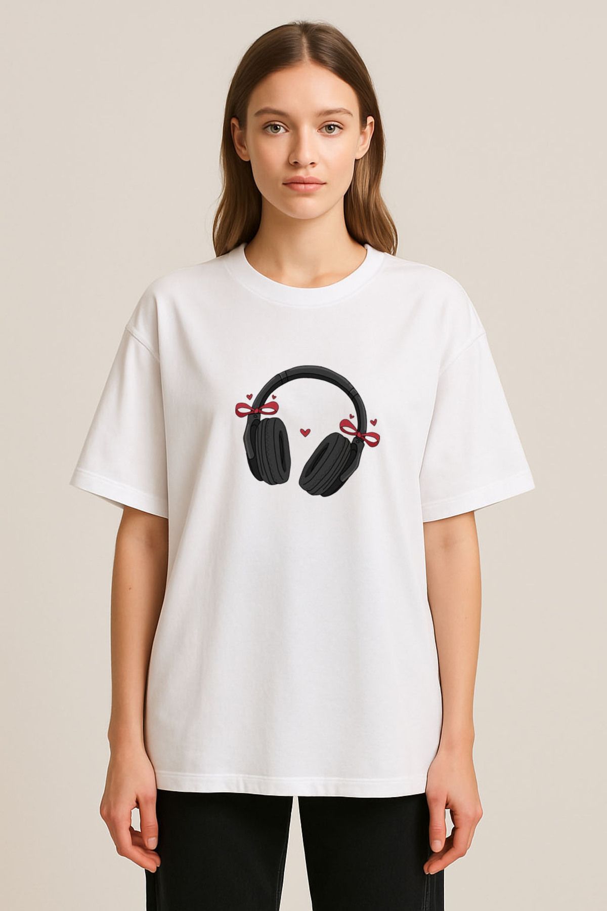 sielta Pembe Kurdaleli Kulaklık Baskılı Bisiklet Yaka Oversize Beyaz Tişört T-shirt