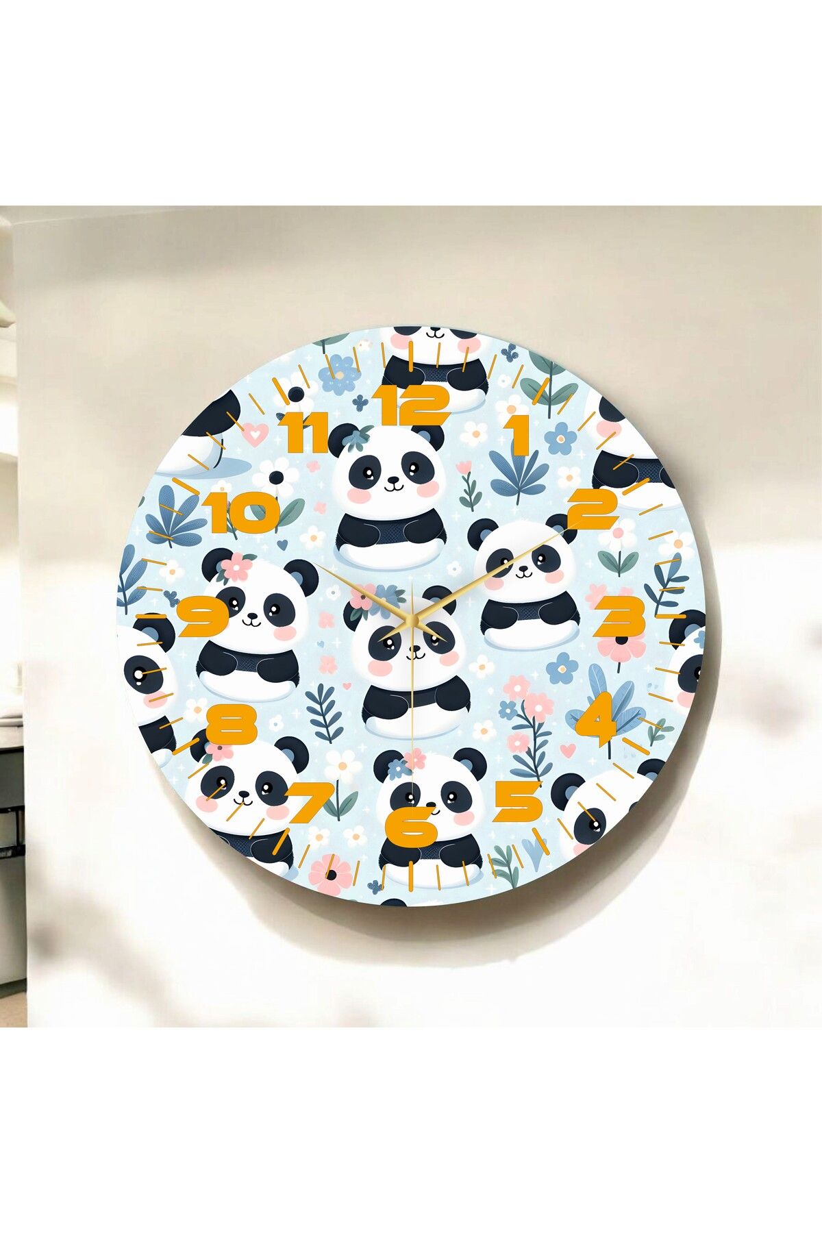 AA Shop Renkli Baskı Panda Çocuk Desenli Sayılı Hediyelik Ahşap Sessiz Duvar Saati 50cm