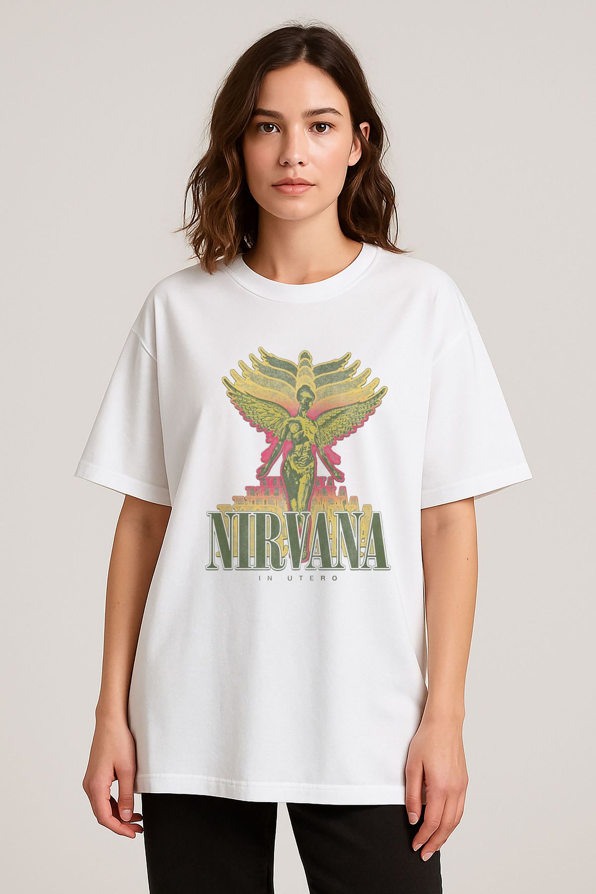 sielta Nirvana Müzik grubu Baskılı Bisiklet Yaka Oversize Beyaz Tişört T-shirt
