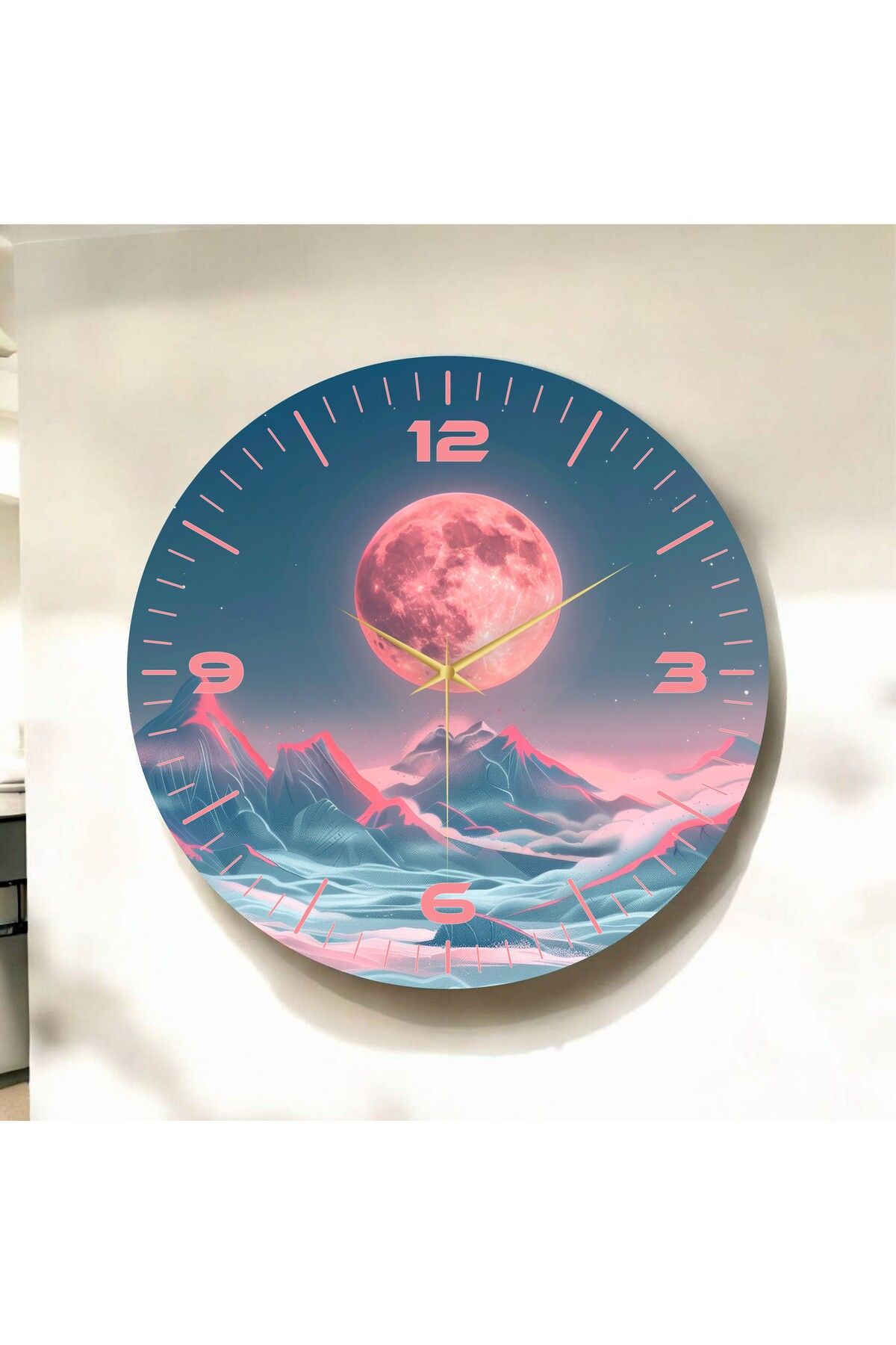 AA Shop Renkli Baskı Ay Dağ Doğa Desenli Sayılı Hediyelik Ahşap Sessiz Duvar Saati 50cm