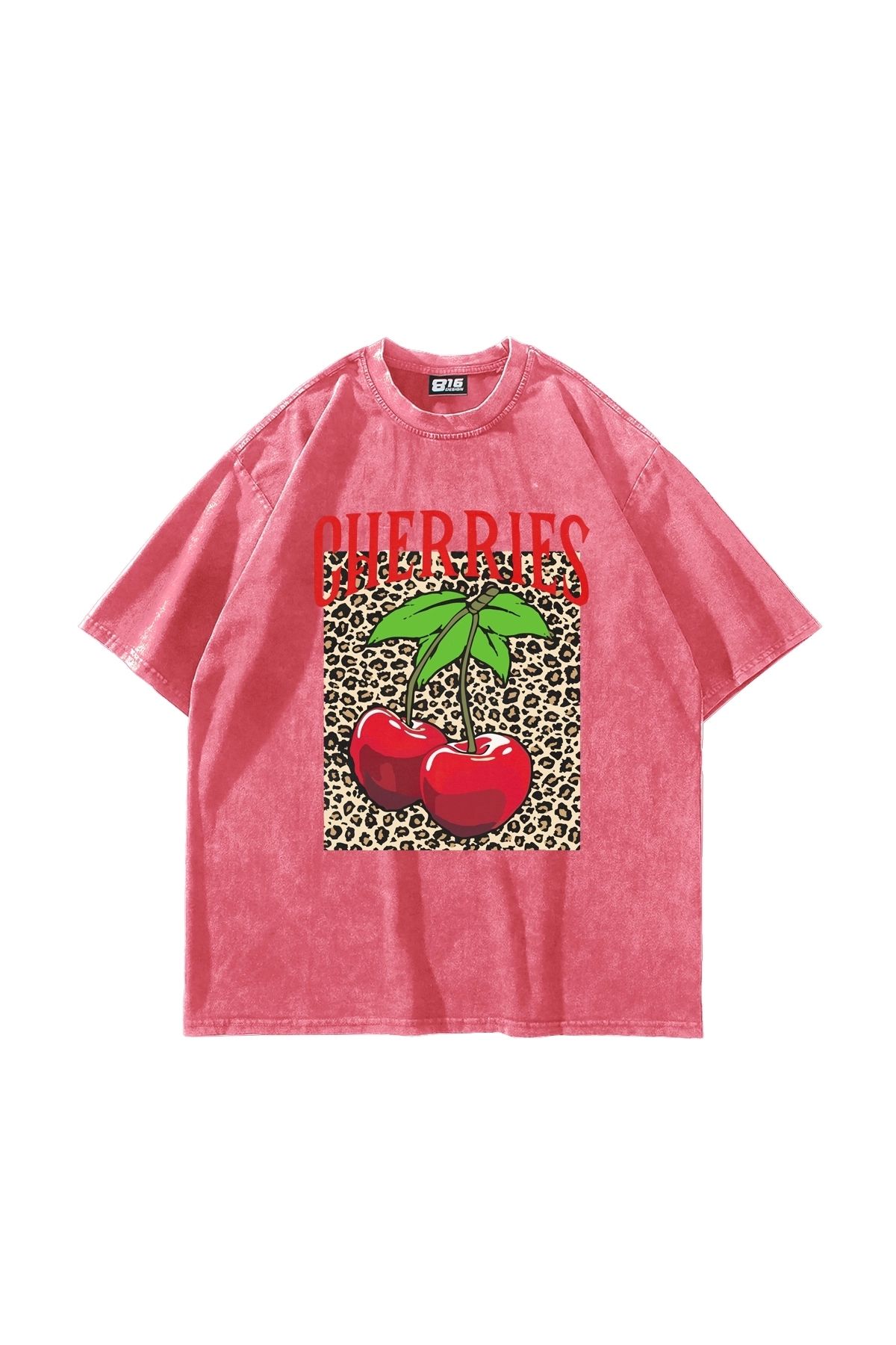 Sekizbiraltı Cherries Leopard Baskılı Oversize Unisex Yıkamalı Pembe Tshirt