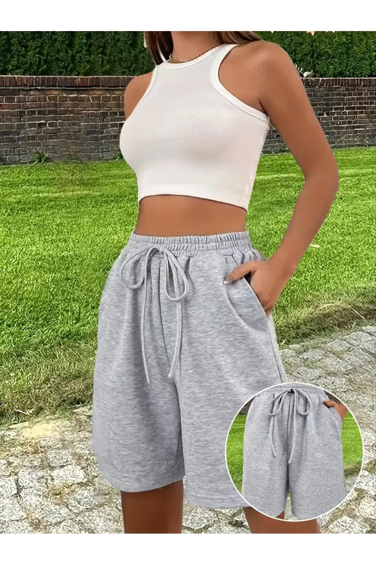 LAUSRA Kadın Esnek Rahat Giyim Gri Mini Kesim Şort Denizde Plajda Giymelik