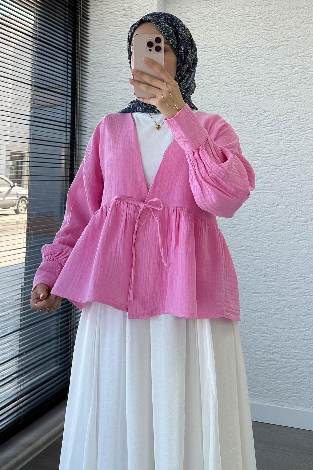 MELEK ARAZ Robadan Bağlamalı Müslin Kimono – Pembe