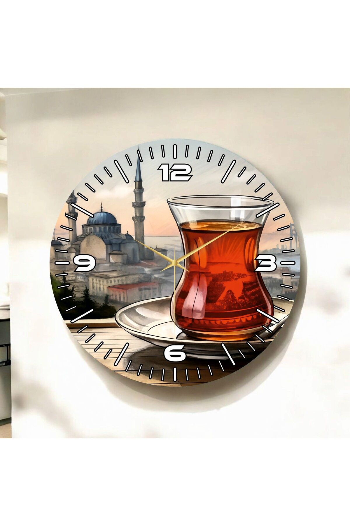 AA Shop Renkli Baskı Çay İstanbul Desenli Sayılı Hediyelik Ahşap Sessiz Duvar Saati 50cm