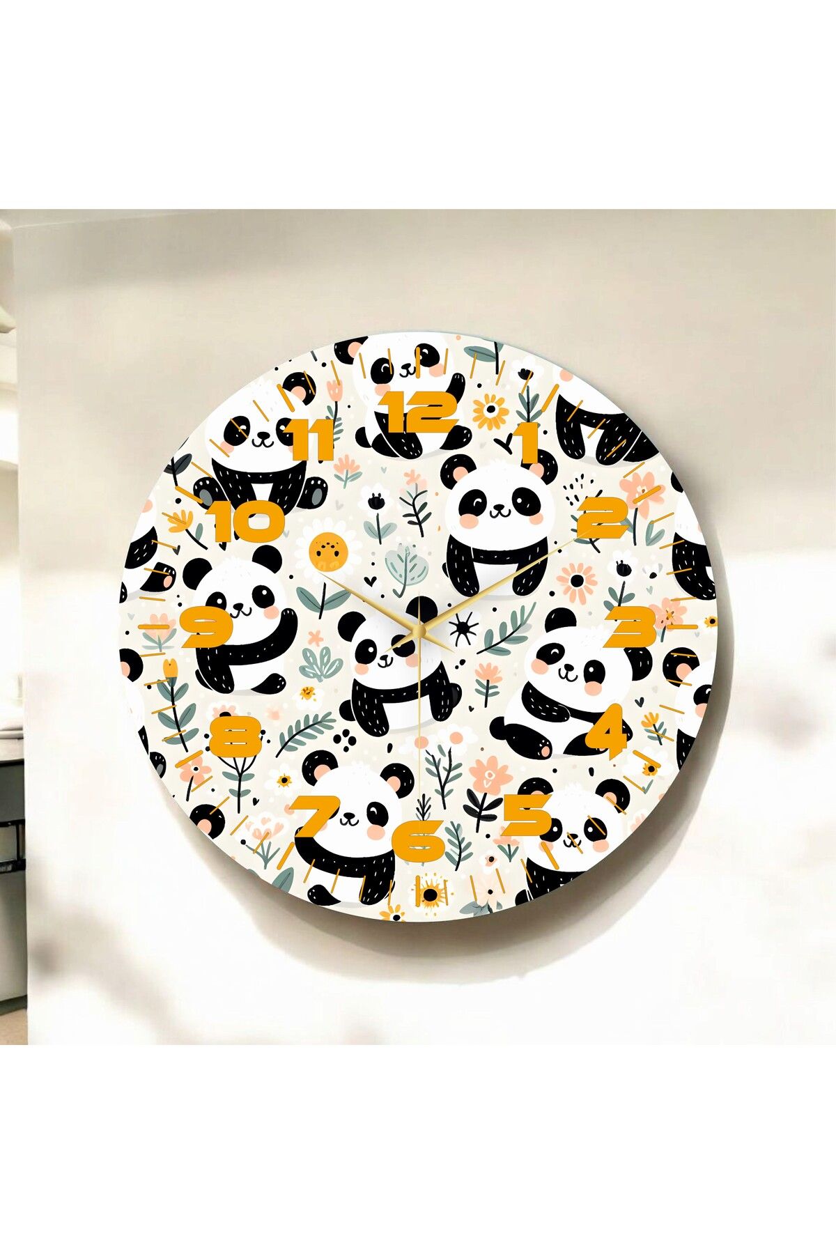 AA Shop Renkli Baskı Panda Çocuk Desenli Sayılı Hediyelik Ahşap Sessiz Duvar Saati 50cm