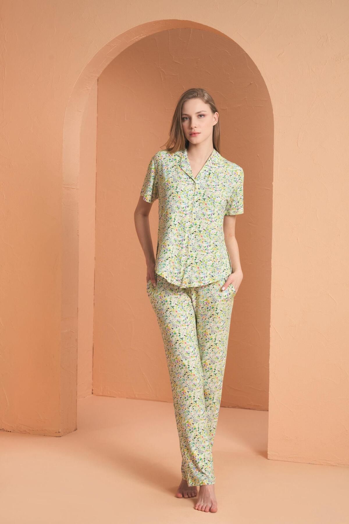 PJS Kadın Sarı Düğmeli Pijama Takımı 27055
