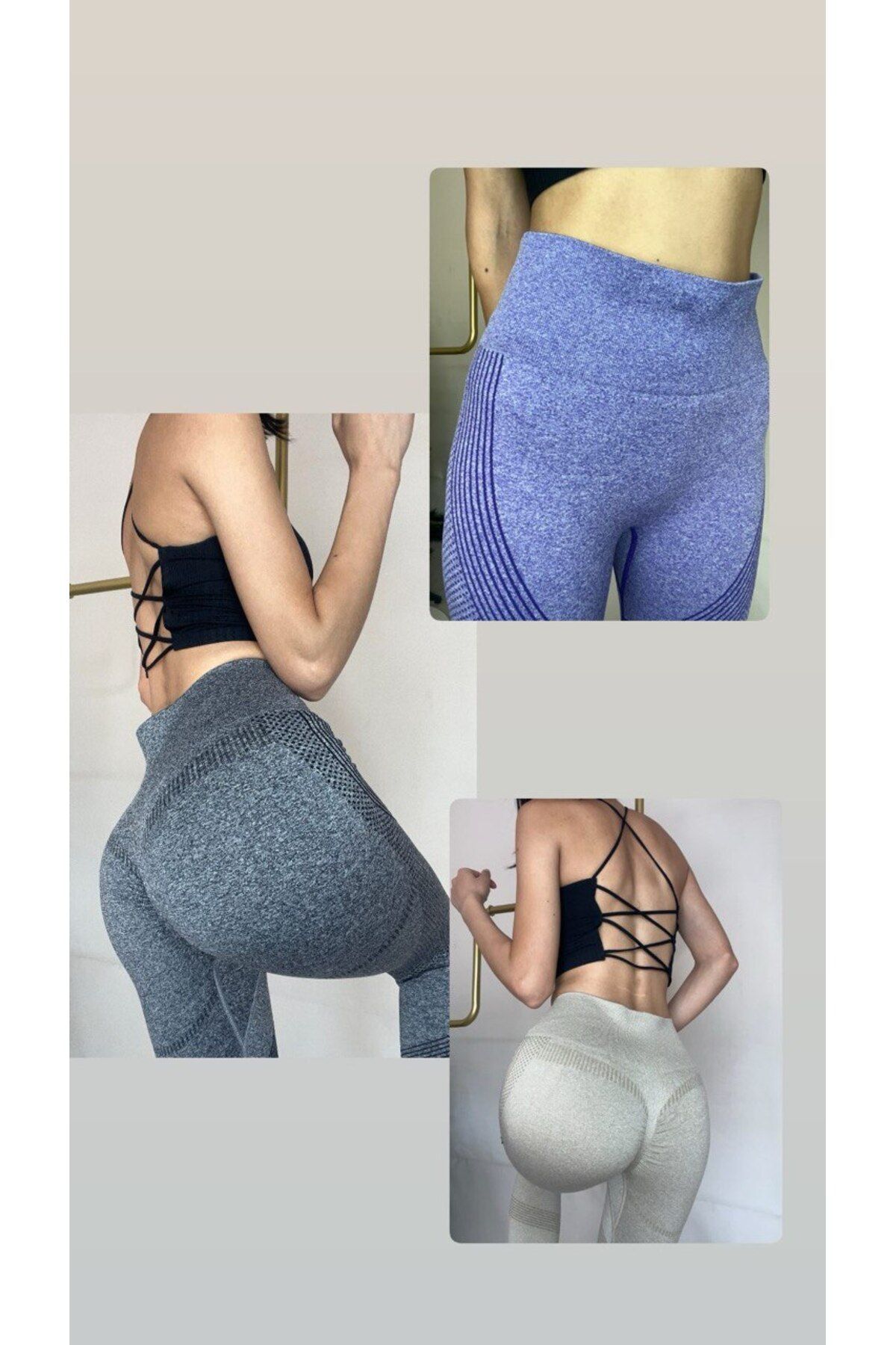 TAJ Kadın Üçlü Takımı Gümüş, Haki ve Mor Push-up Toparlatıcı Dikişsiz Geniş Spor Tayt Yüksek Bel