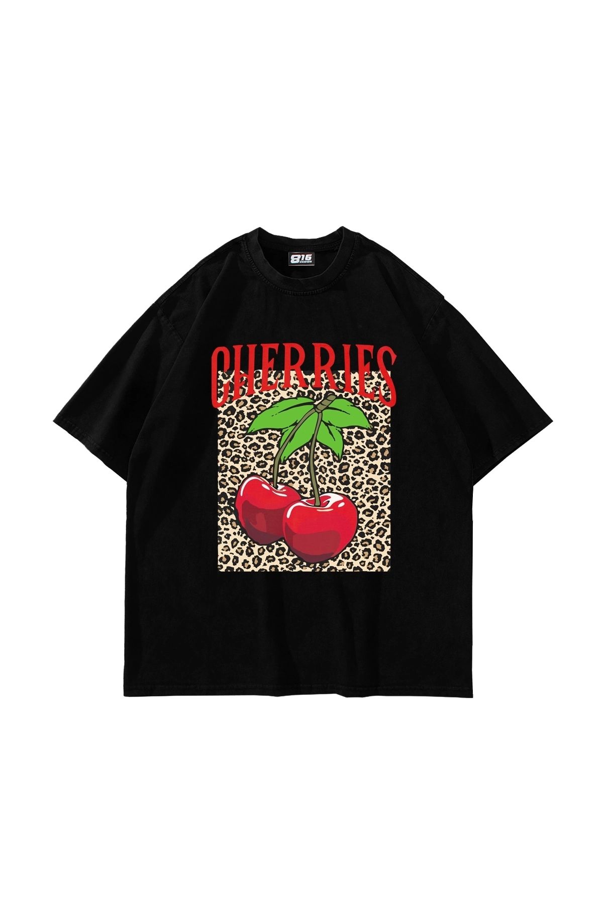 Sekizbiraltı Cherries Leopard Baskılı Oversize Unisex Siyah Tshirt