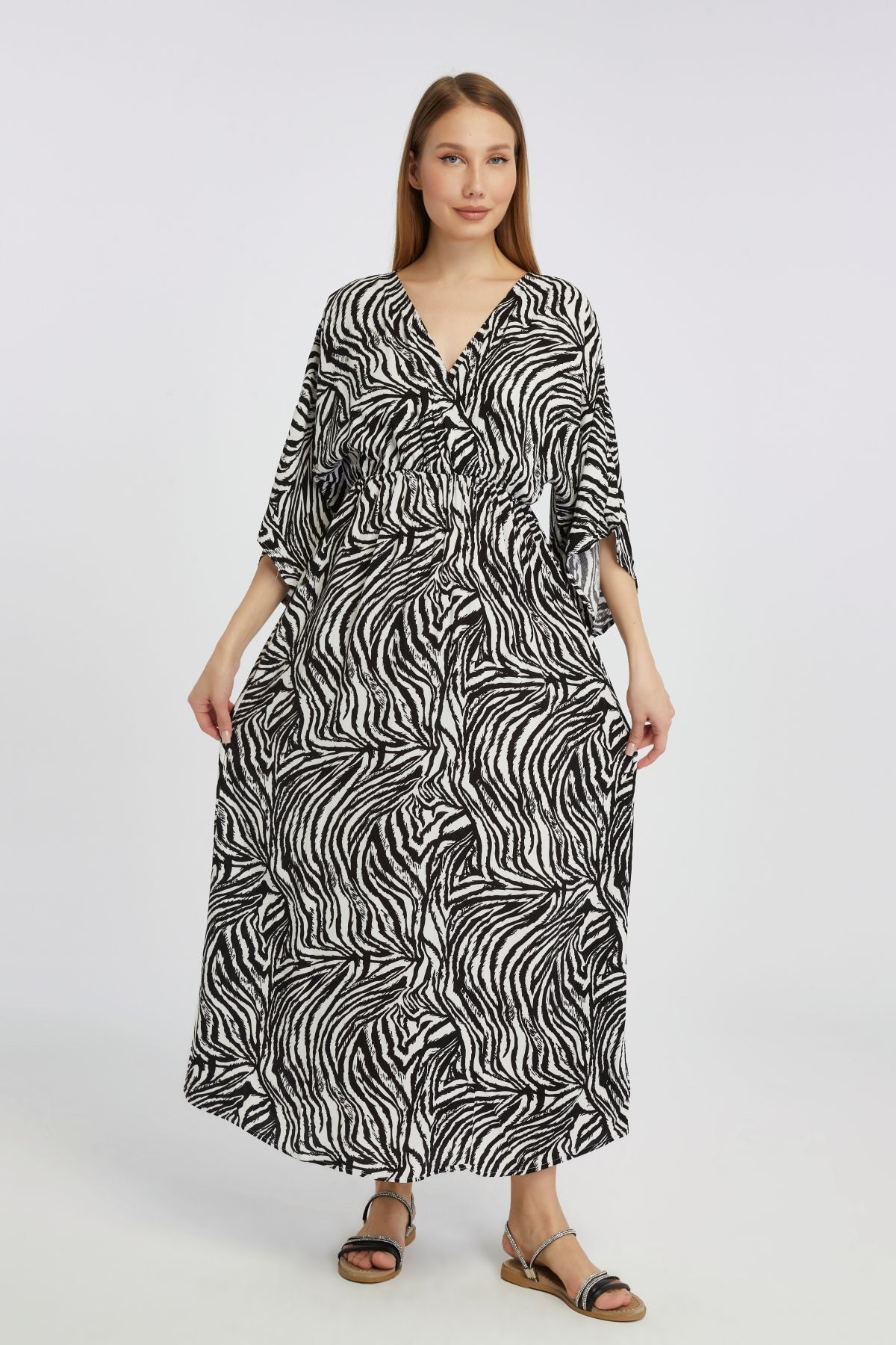Butik Zebra Desen Kruvaze Yaka Elbise