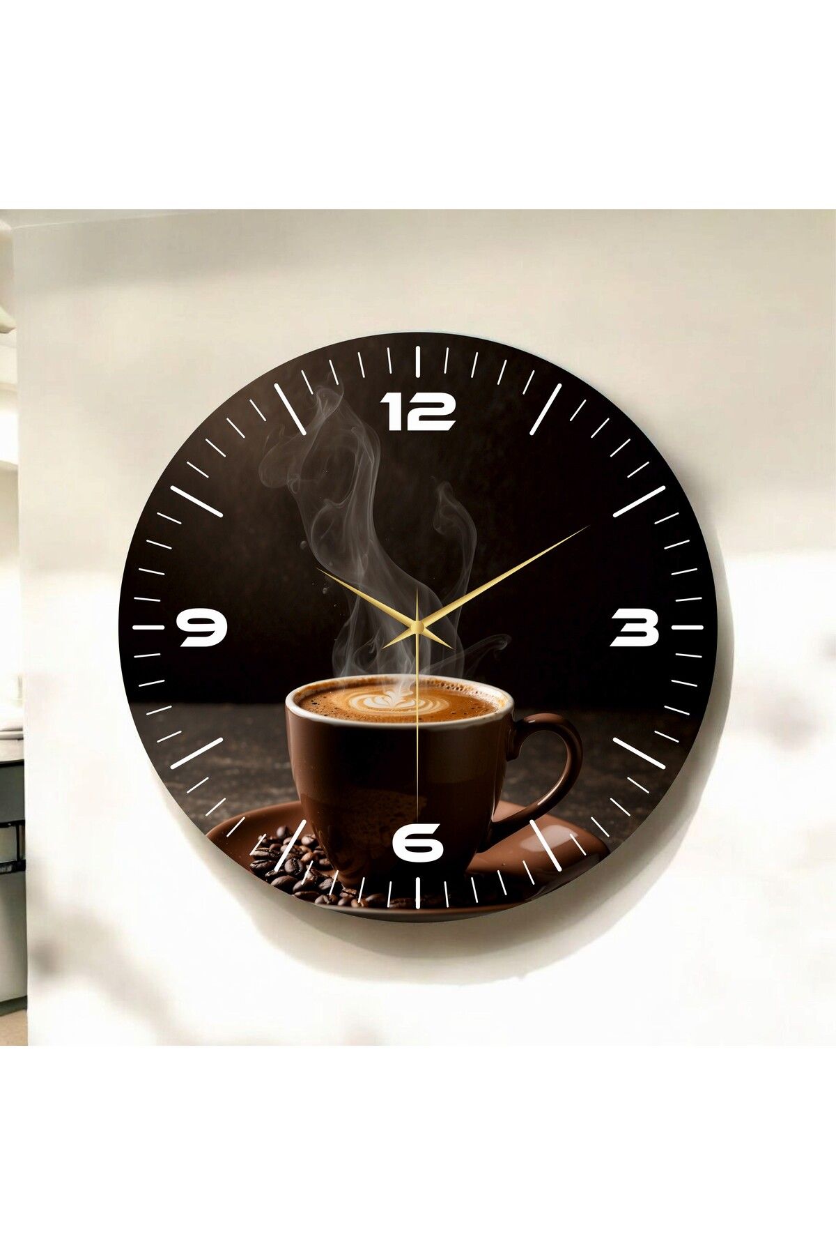 AA Shop Renkli Baskı Kahve Desenli Sayılı Hediyelik Ahşap Sessiz Duvar Saati 50cm