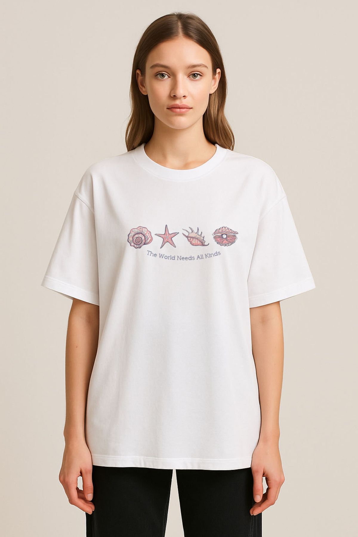 sielta Deniz Kabuğu Baskılı Bisiklet Yaka Oversize Beyaz Tişört T-shirt