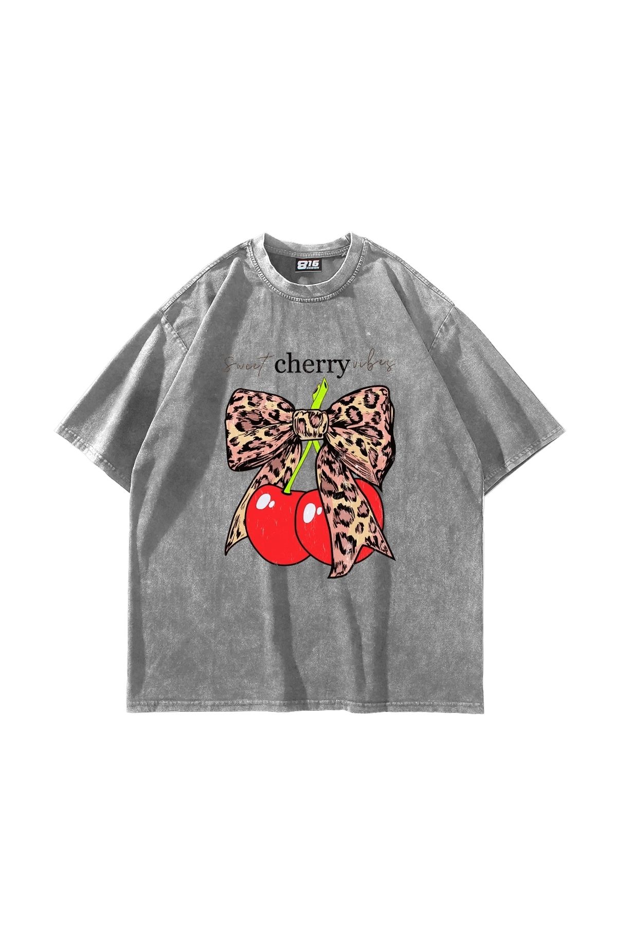 Sekizbiraltı Sweet Cherry Vibes Baskılı Oversize Unisex Yıkamalı Beyaz Tshirt