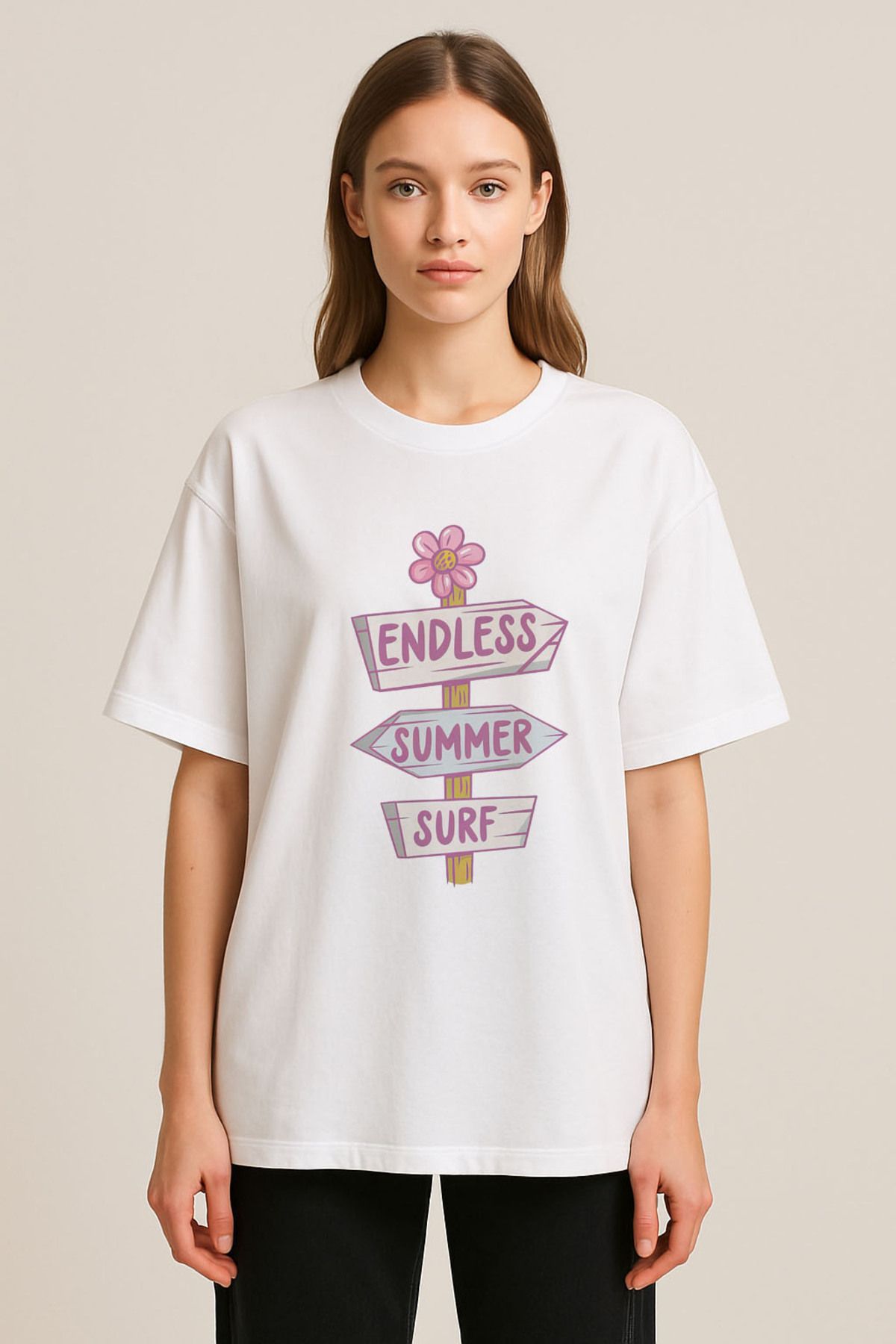 sielta Summer Yaz Baskılı Bisiklet Yaka Oversize Beyaz Tişört T-shirt