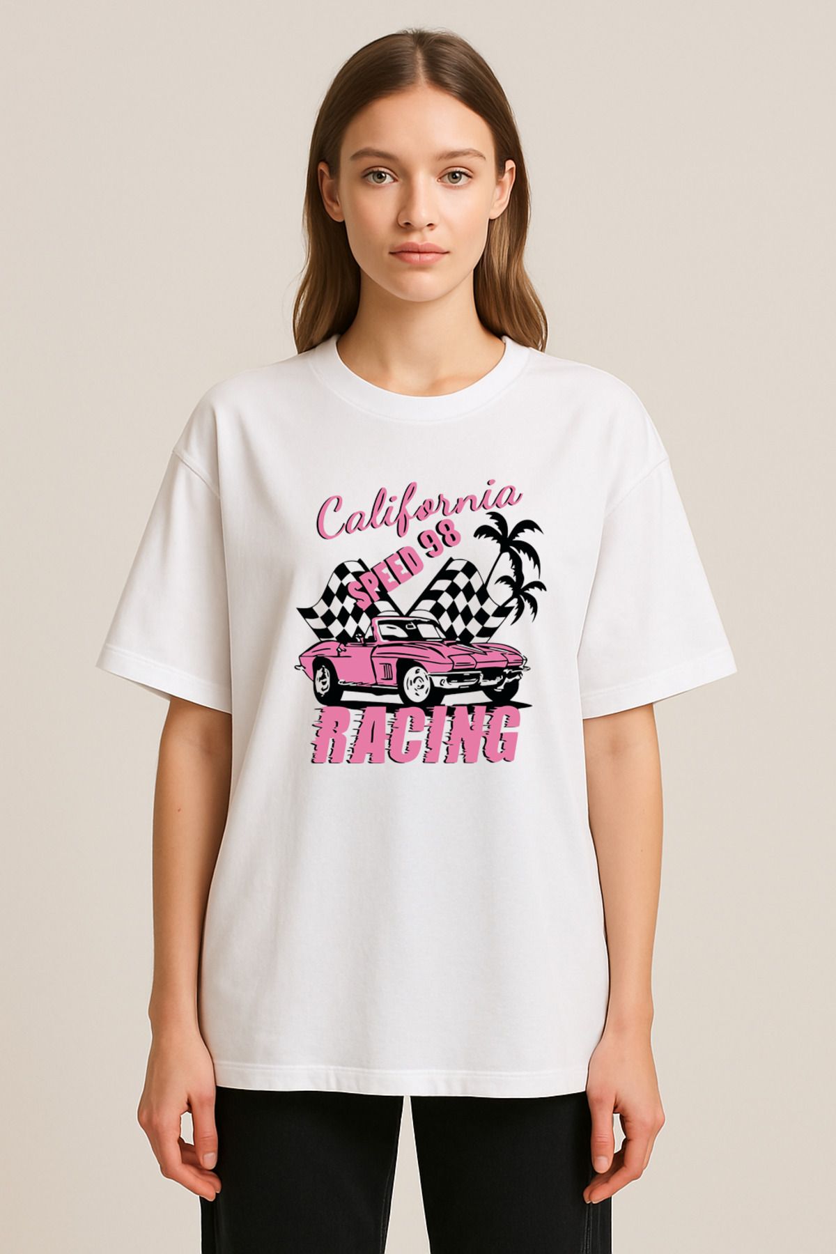 sielta Kaliforniya California Baskılı Bisiklet Yaka Oversize Beyaz Tişört T-shirt
