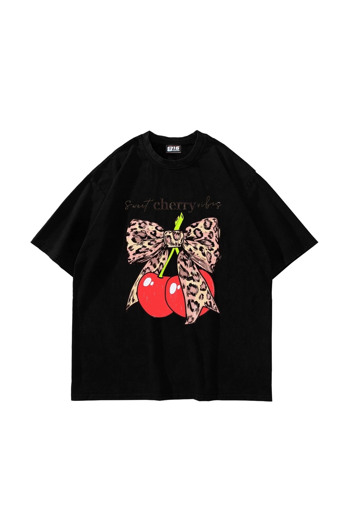 Sekizbiraltı Sweet Cherry Vibes Baskılı Oversize Unisex Siyah Tshirt