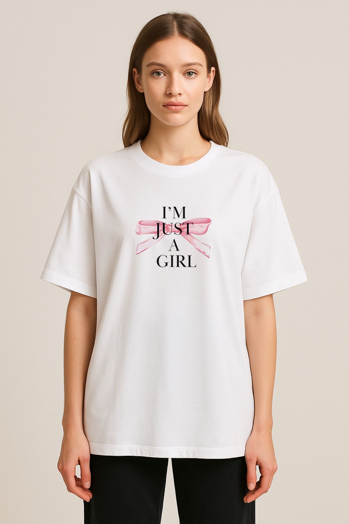 sielta I 'm Just a Girl Baskılı Bisiklet Yaka Oversize Beyaz Tişört T-shirt