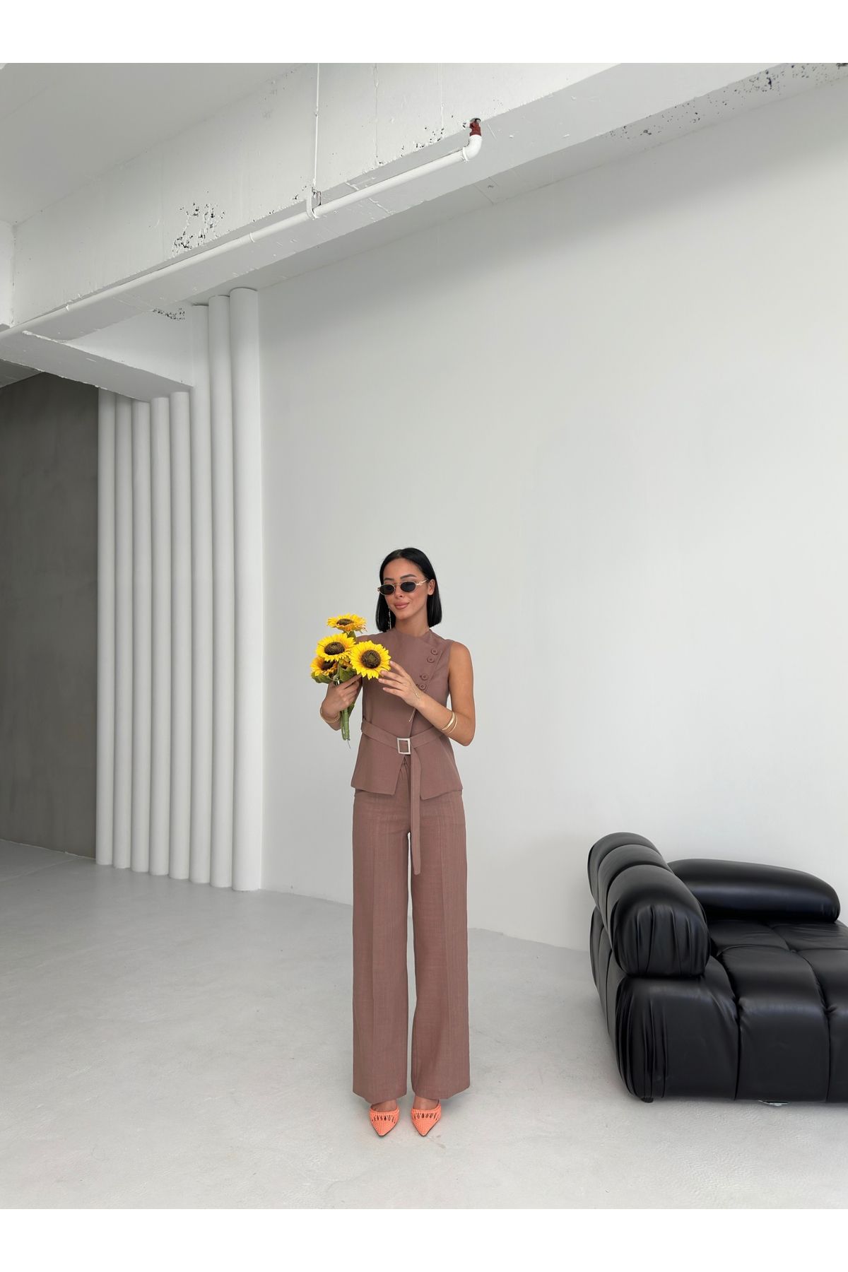OUZ Fashion Kadın Keten Asimetrik Yelek Pantolon İkili Takım