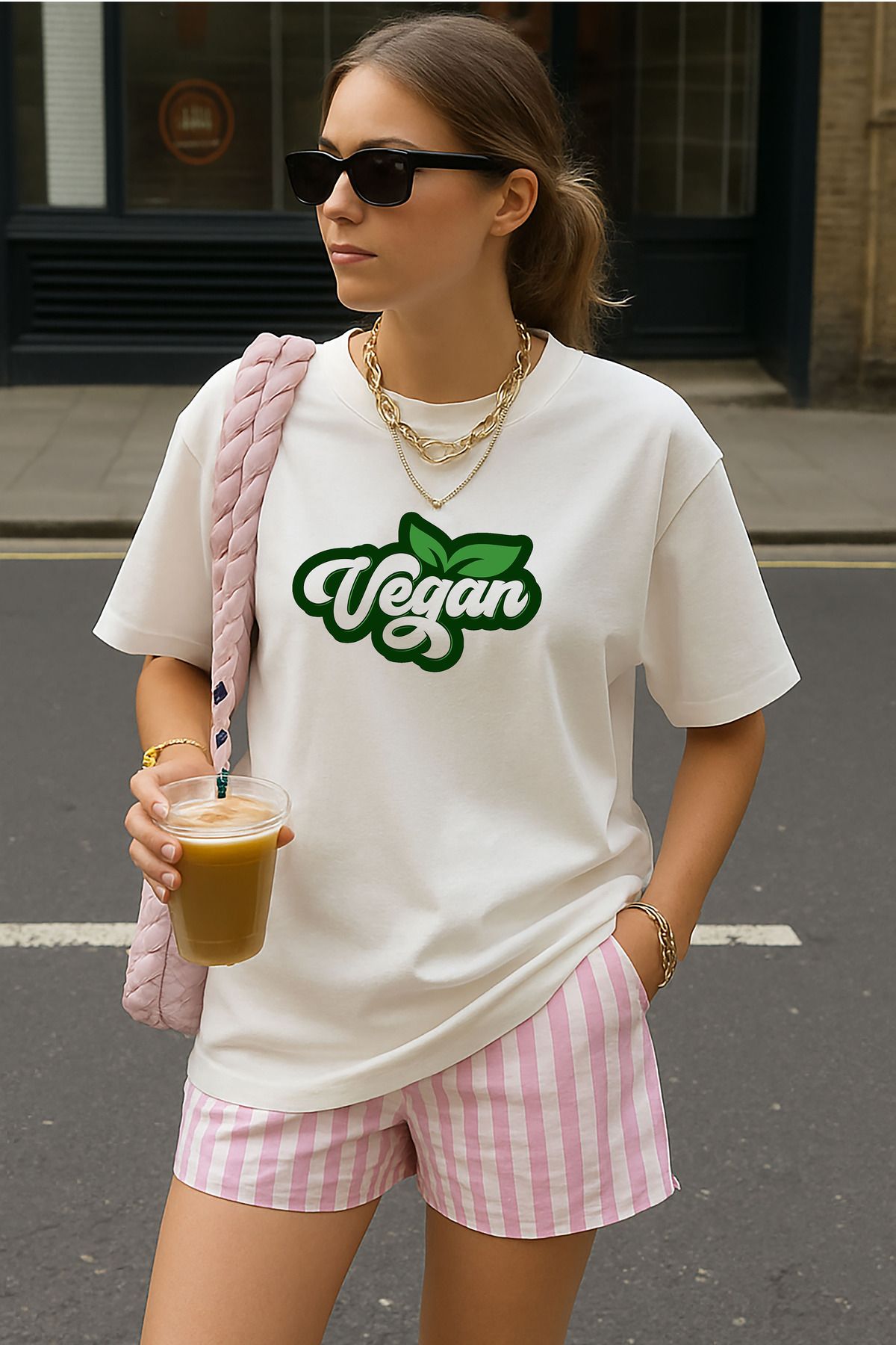 sielta Vegan Baskılı Bisiklet Yaka Oversize Beyaz Tişört T-shirt