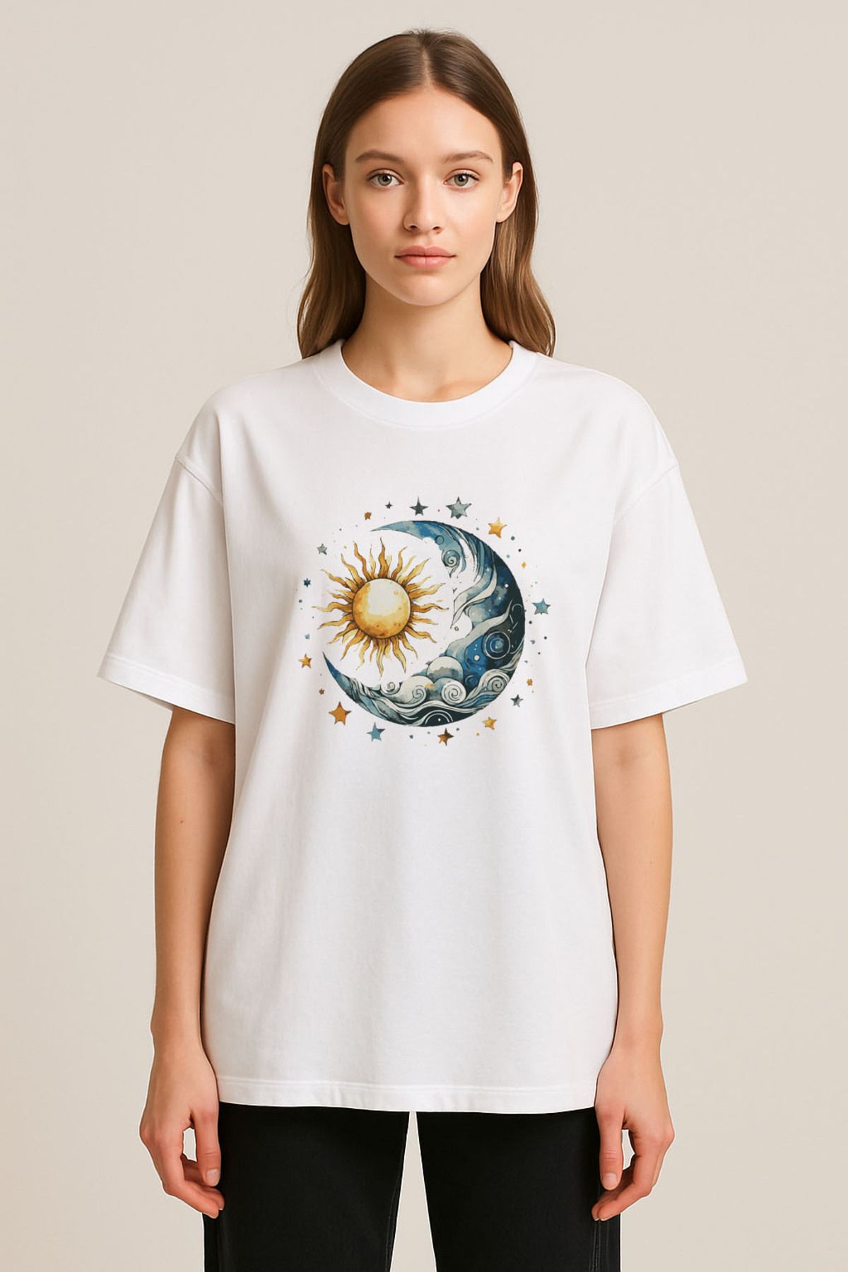 sielta Güneş Ay Gezegen Baskılı Bisiklet Yaka Oversize Beyaz Tişört T-shirt