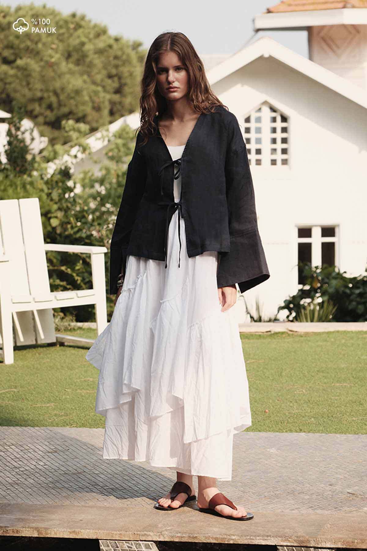 Hooopstore Boho Çapraz Katlı Vual Beyaz Etek