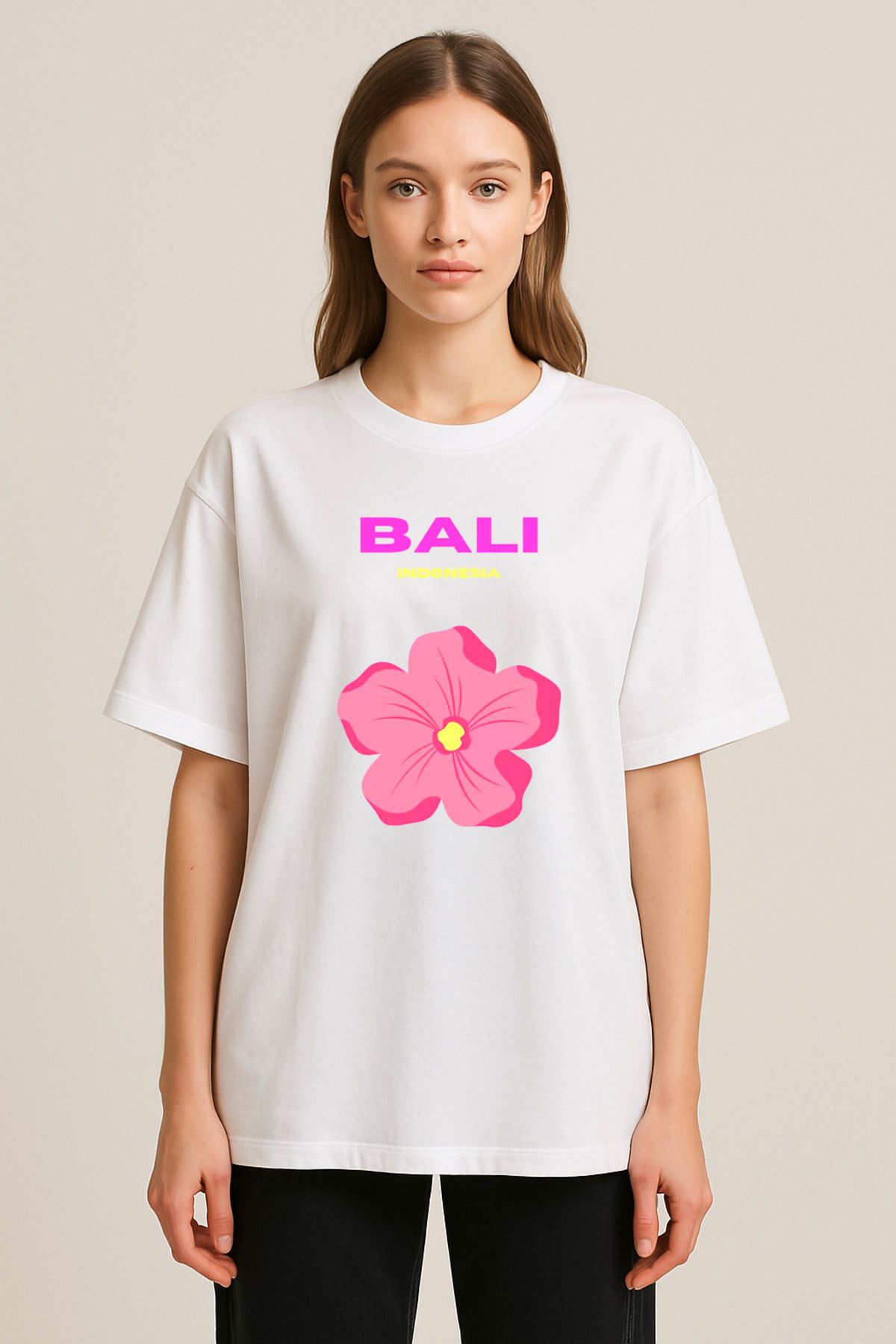 sielta Summer Hibiscus Çiceği Baskılı Bisiklet Yaka Oversize Beyaz Tişört T-shirt