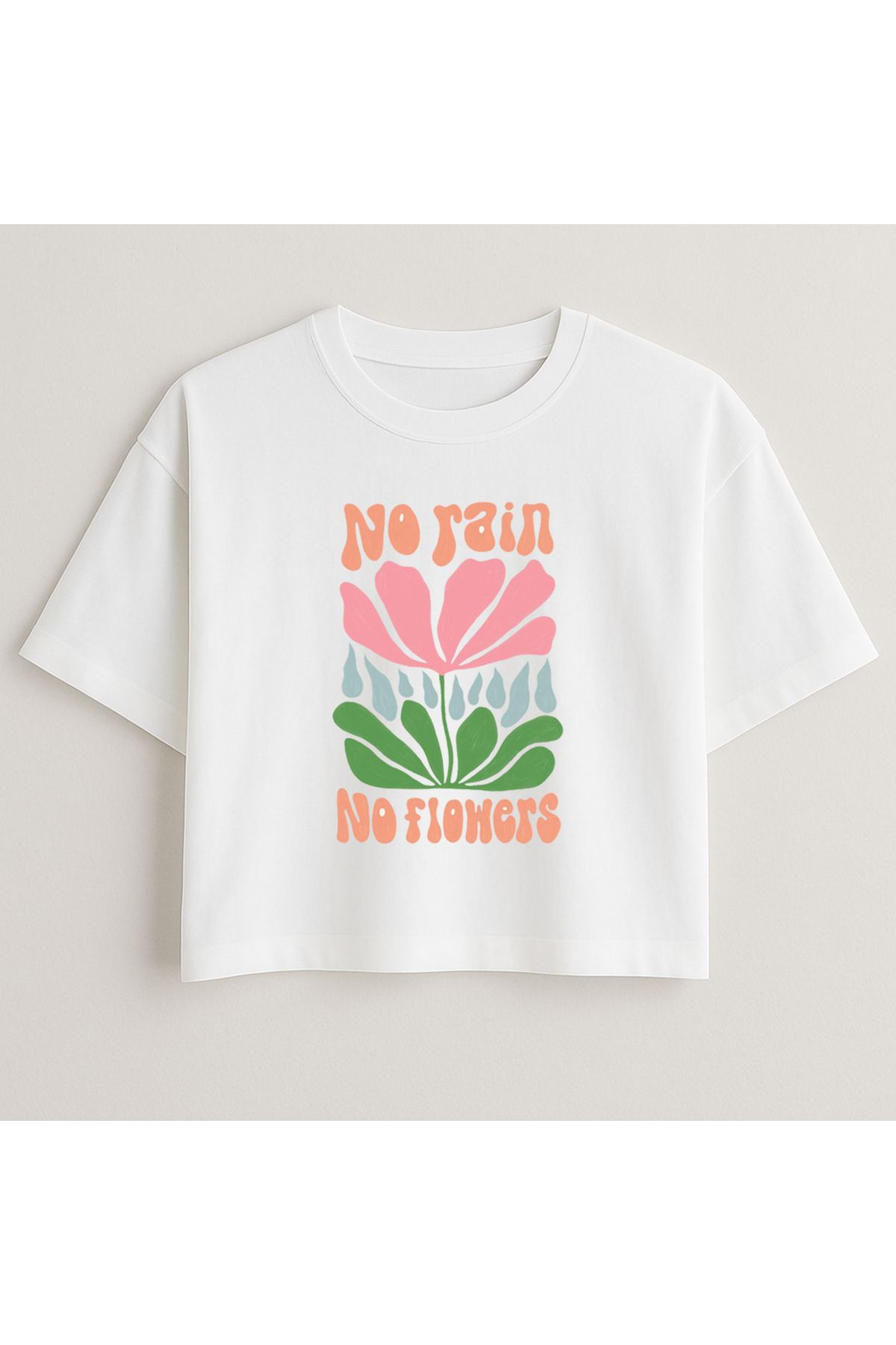 Minou Wear No Rain Baskılı Özel Tasarım Kadın Beyaz Oversize Crop Tshirt