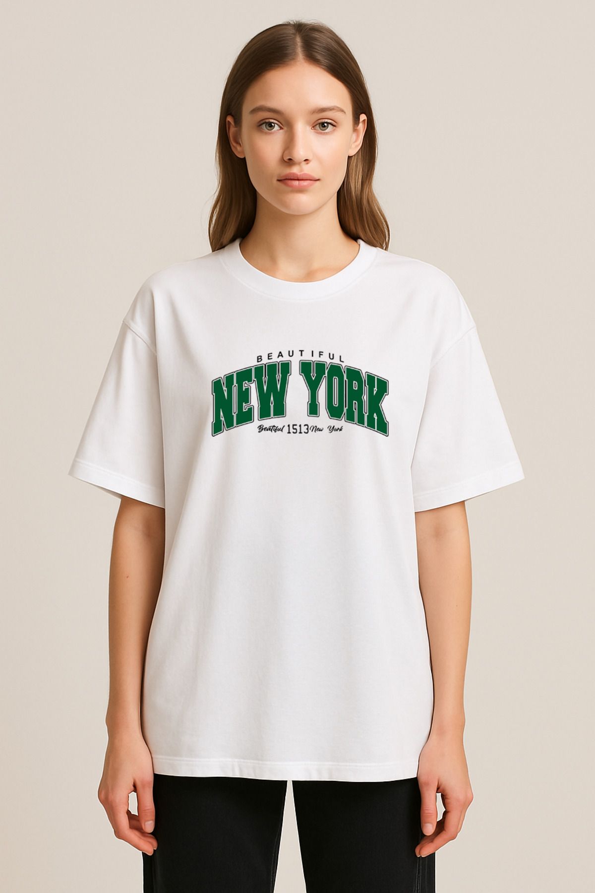 sielta New York Amerika Baskılı Bisiklet Yaka Oversize Beyaz Tişört T-shirt