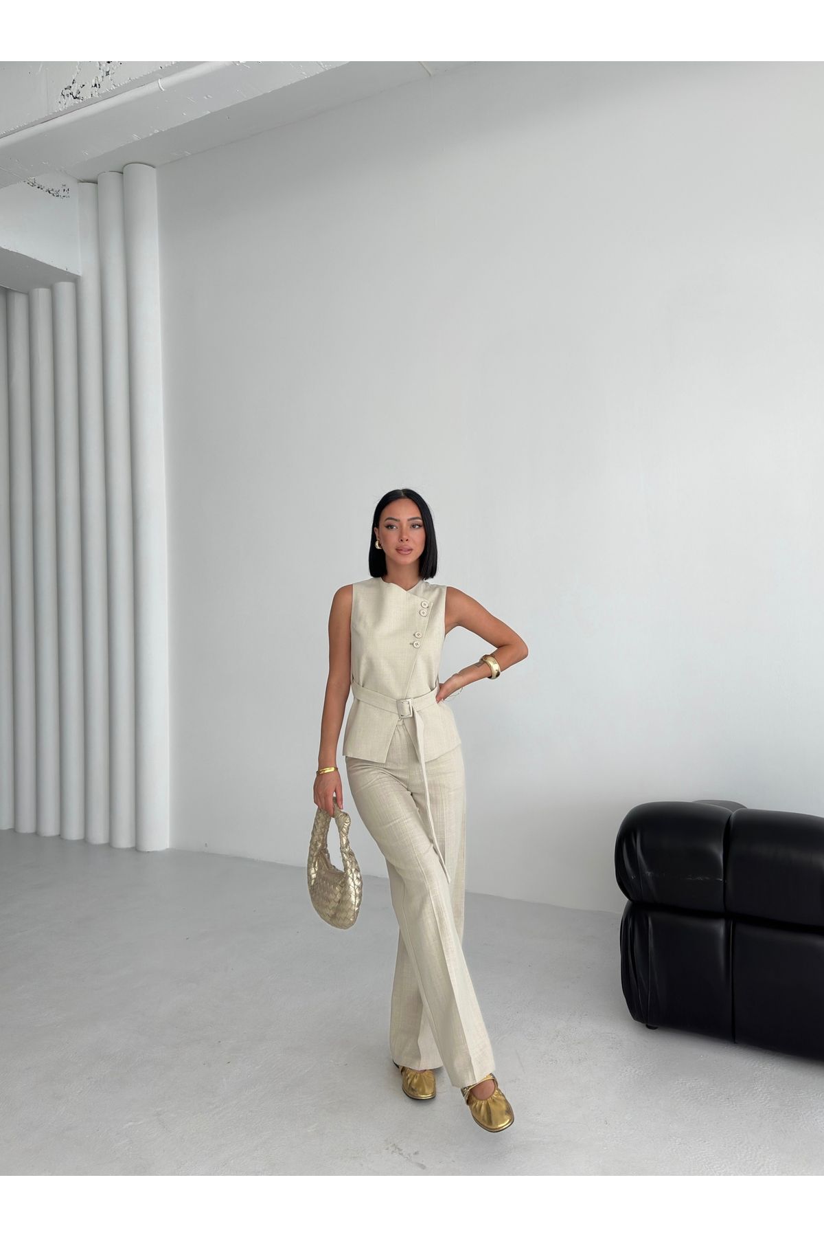 OUZ Fashion Kadın Keten Asimetrik Yelek Pantolon İkili Takım