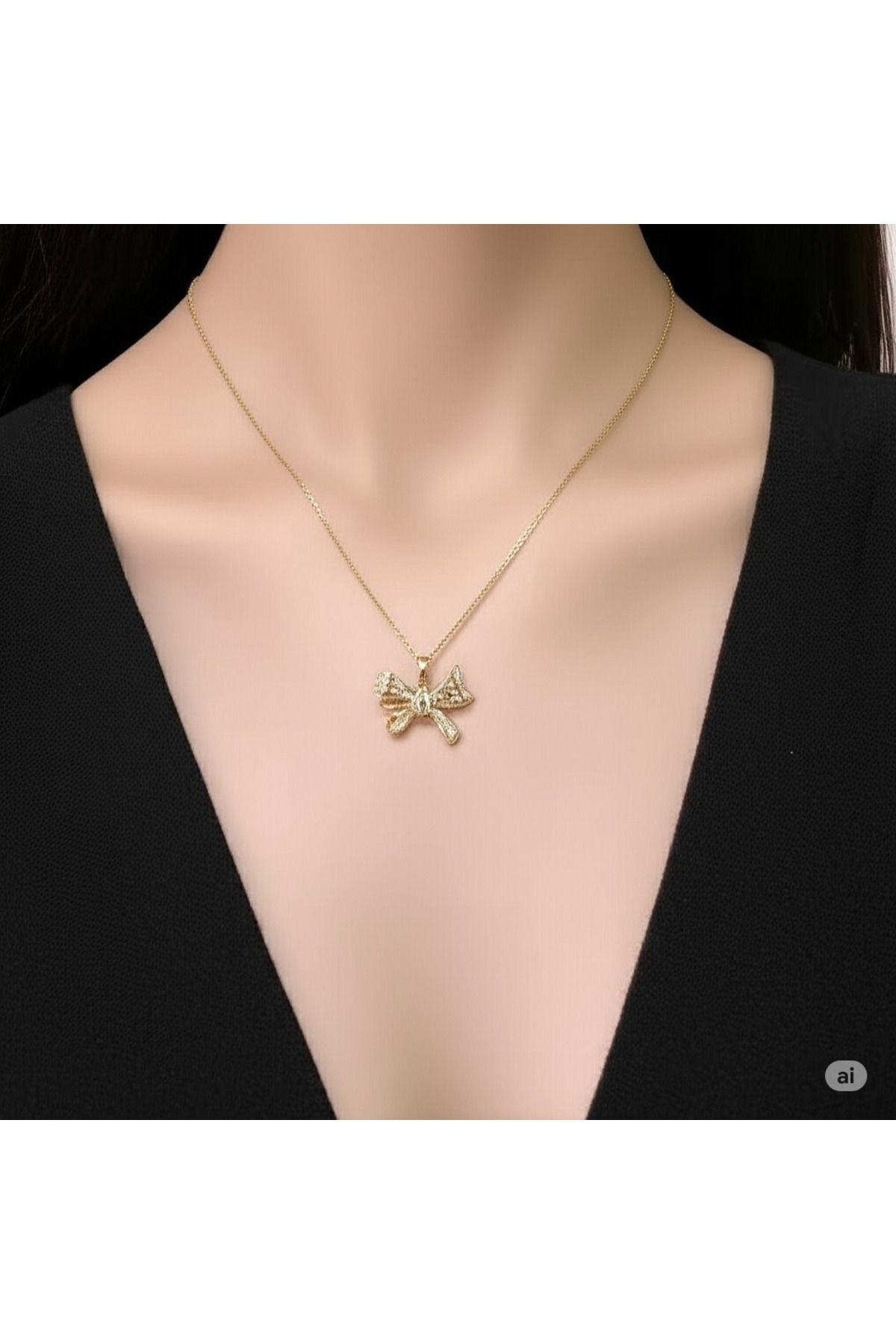 FAMEMUS ACCESSORY Çelik Fiyonk Detaylı Gold Kolye Sevgiler ve Özel günler