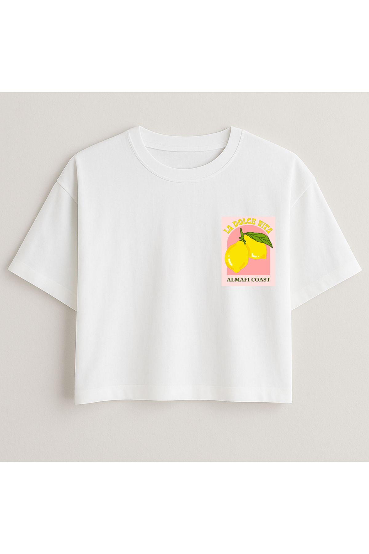 Minou Wear Amalfi Baskılı Özel Tasarım Kadın Beyaz Oversize Crop Tshirt
