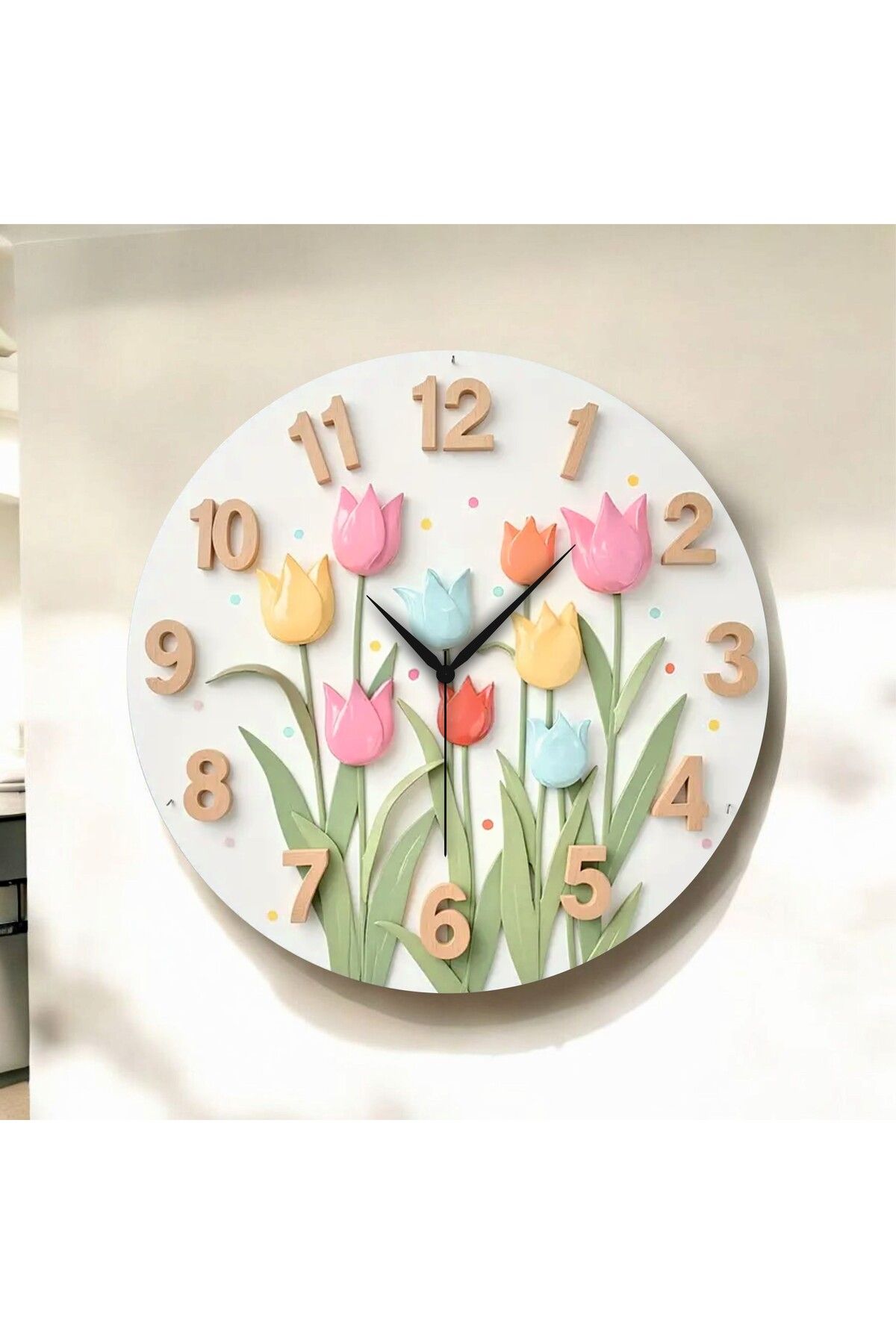 AA Shop Renkli Baskı Çiçek Desenli Sayılı Hediyelik Ahşap Sessiz Duvar Saati 50cm
