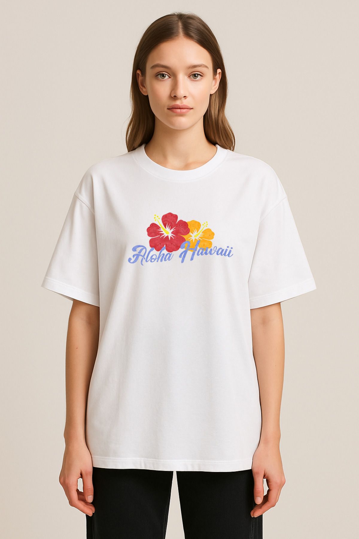 sielta Summer Hibiscus Çiceği Baskılı Bisiklet Yaka Oversize Beyaz Tişört T-shirt