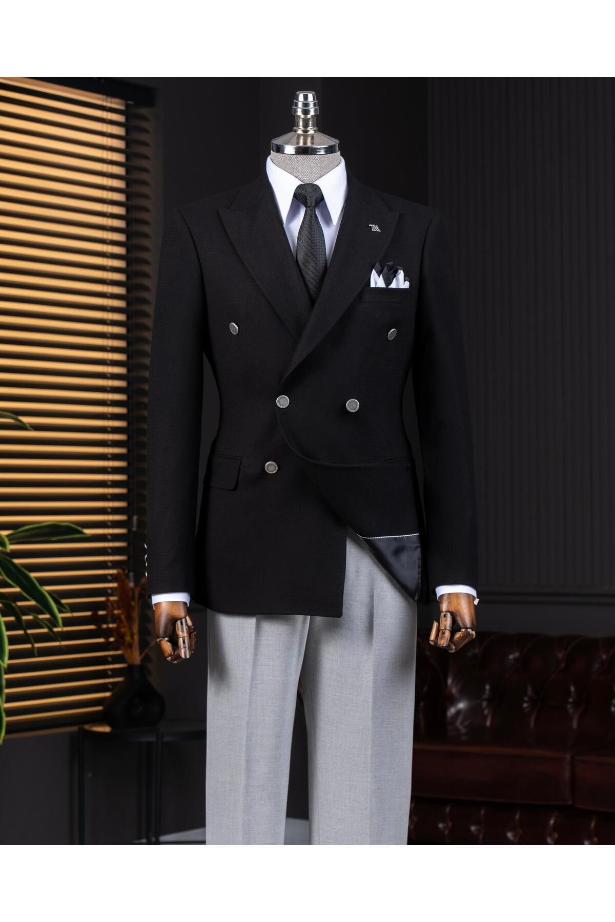 TerziAdemAltun İtalyan stil slim fit kruvaze erkek tek ceket siyah T14397