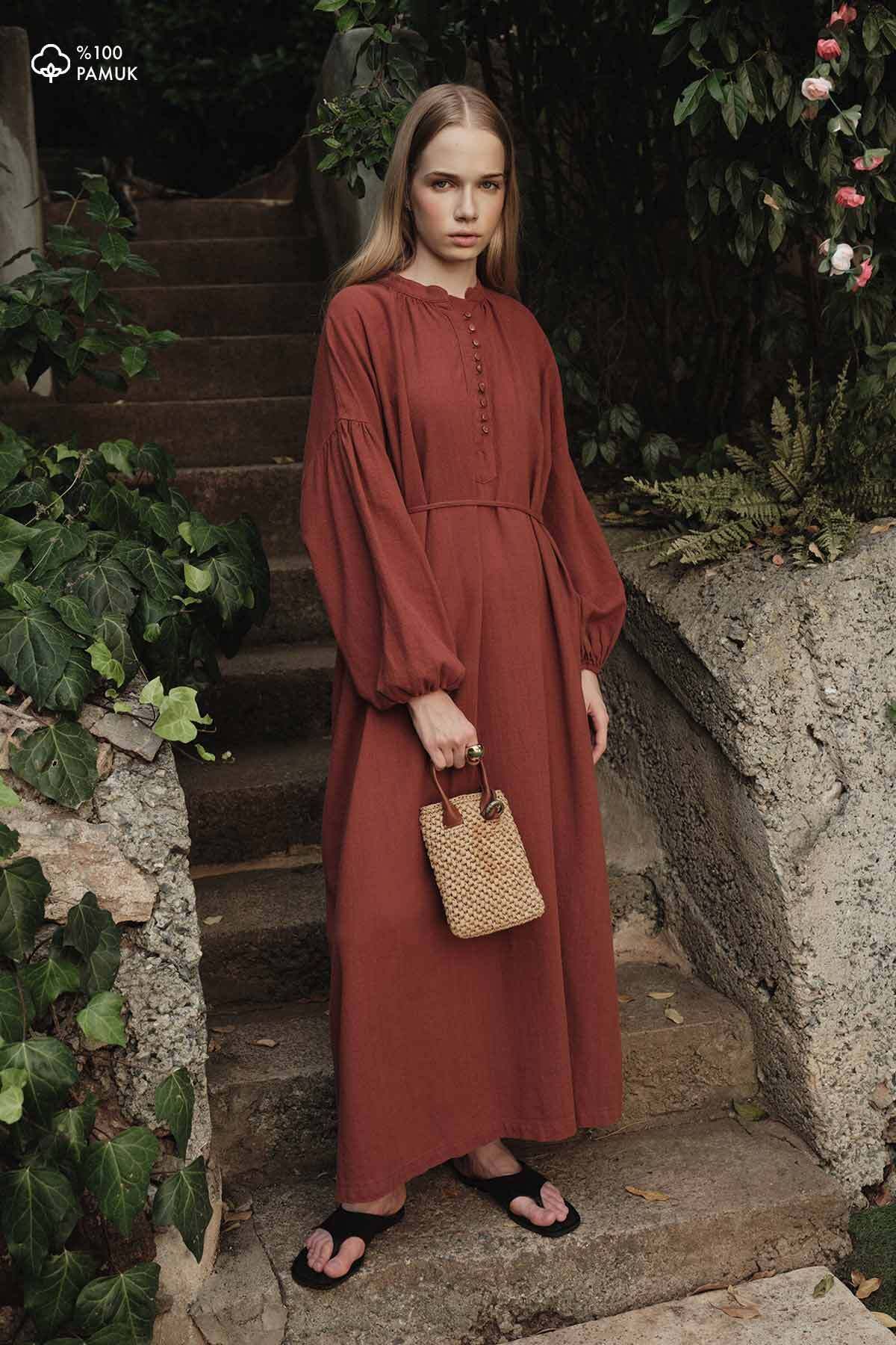 Hooopstore Oversize Keten Dokulu Kiremit Elbise